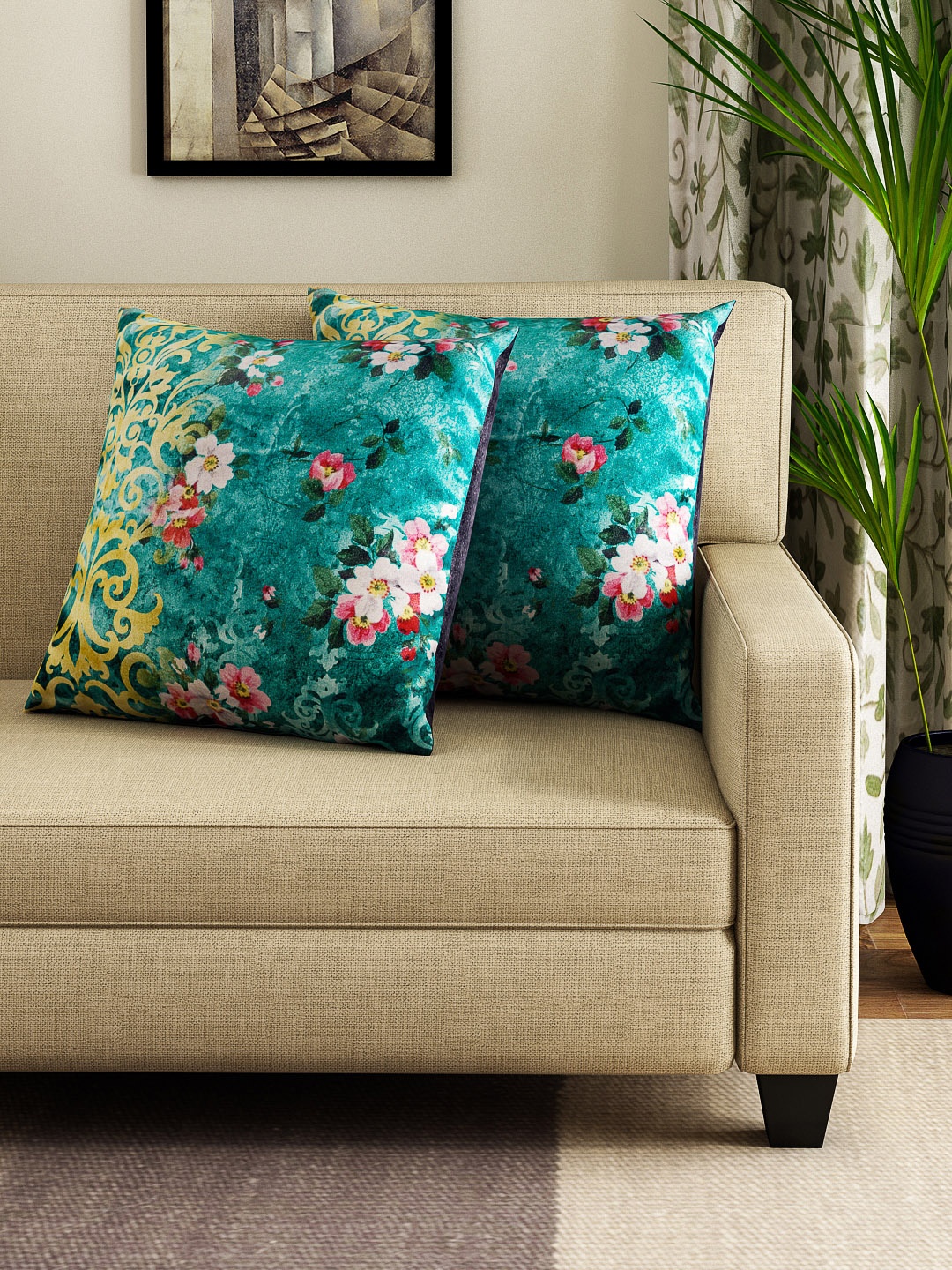 

HOUZZCODE Set of 2 Turquoise Blue Printed 16'' x 16'' Square Cushion Covers