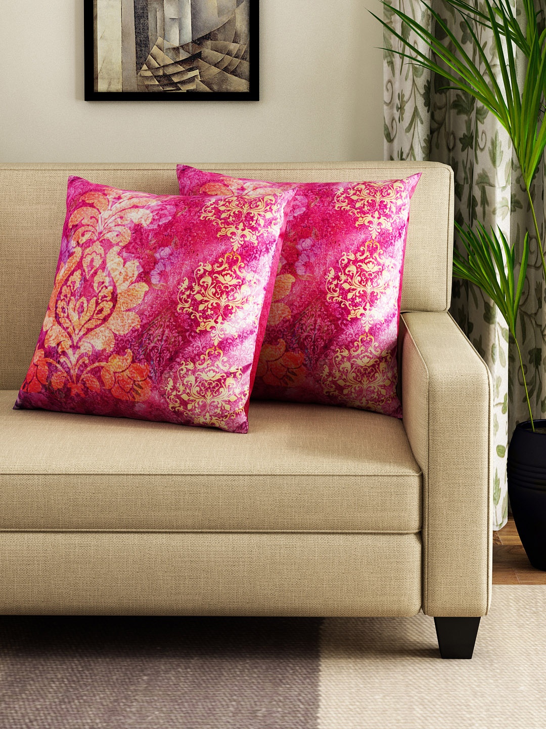 

HOUZZCODE Set of 2 Pink Printed 16" x 16" Square Cushion Covers