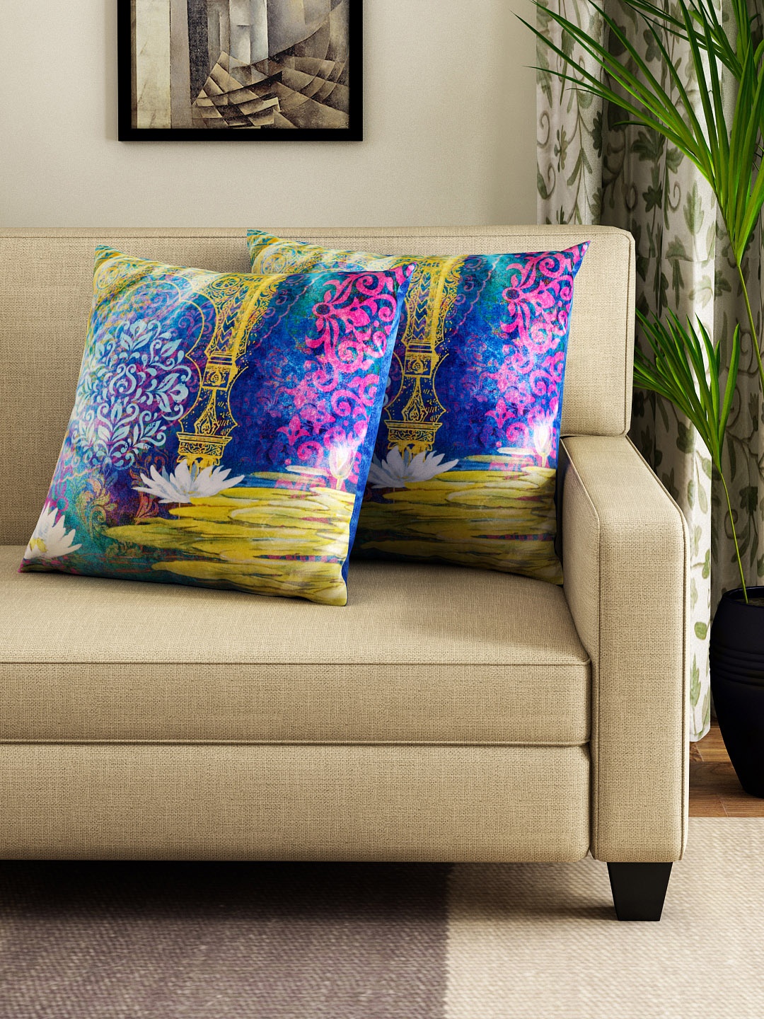 

HOUZZCODE Blue & Mustard Yellow Set of 2 Printed 16'' x 16'' Square Cushion Covers