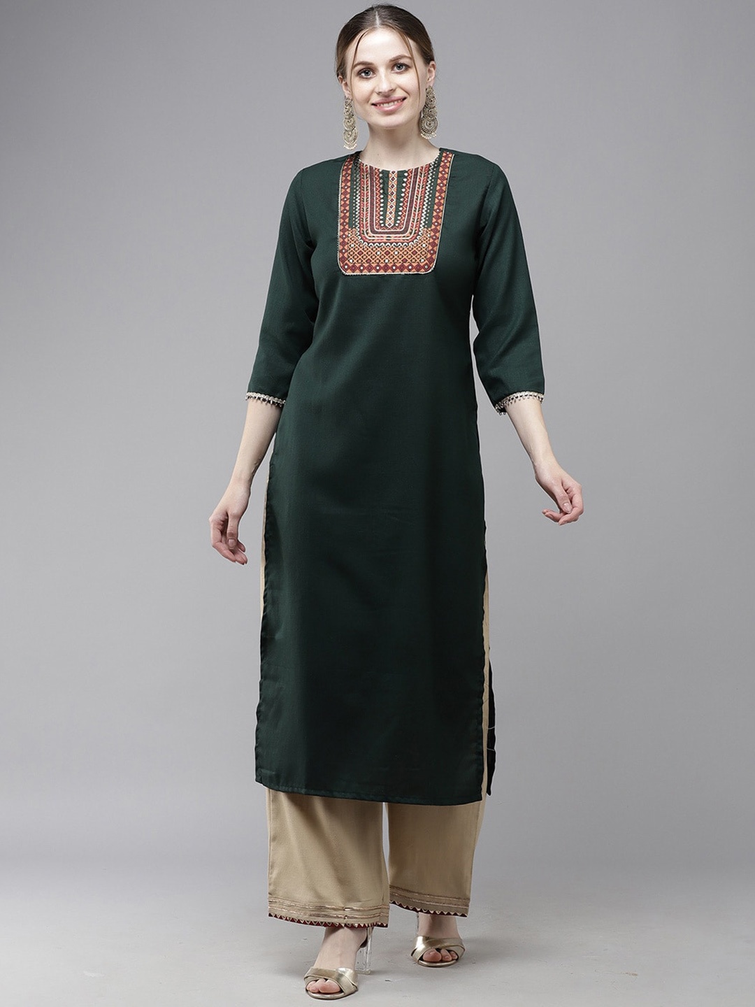 

Indo Era Women Green Ethnic Motifs Yoke Design Cotton Kurta