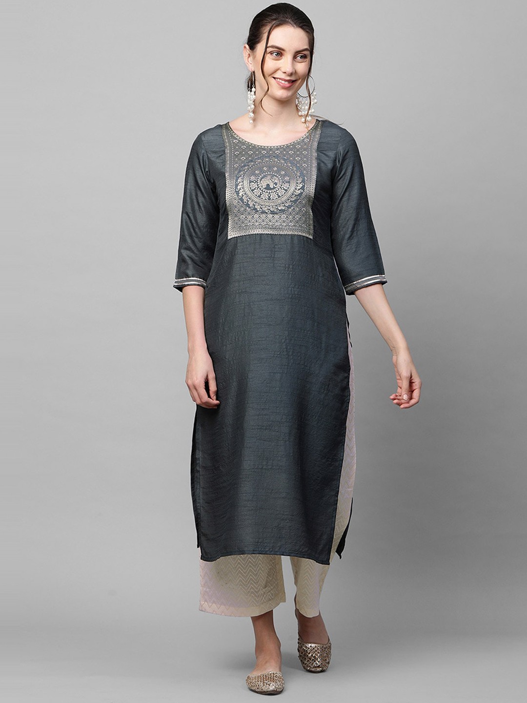 

Indo Era Women Grey Yoke Design Kurta