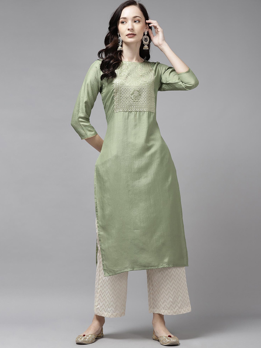 

Indo Era Women Green Yoke Design Straight Kurta