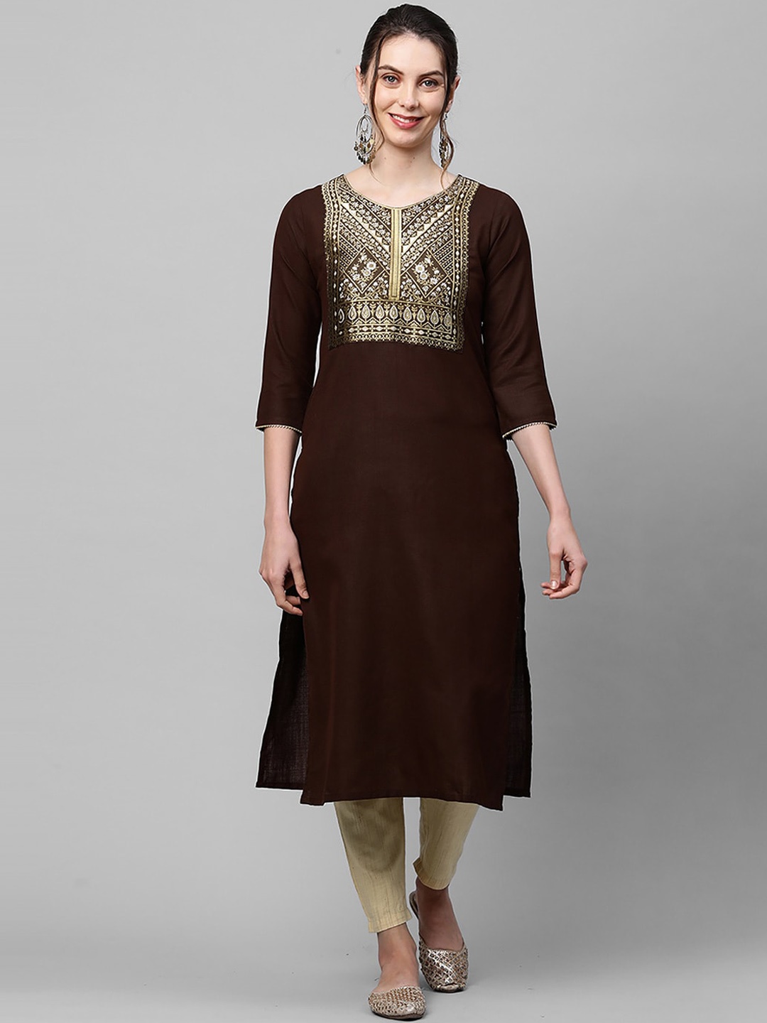 

Indo Era Women Brown Ethnic Motifs Yoke Design Kurta
