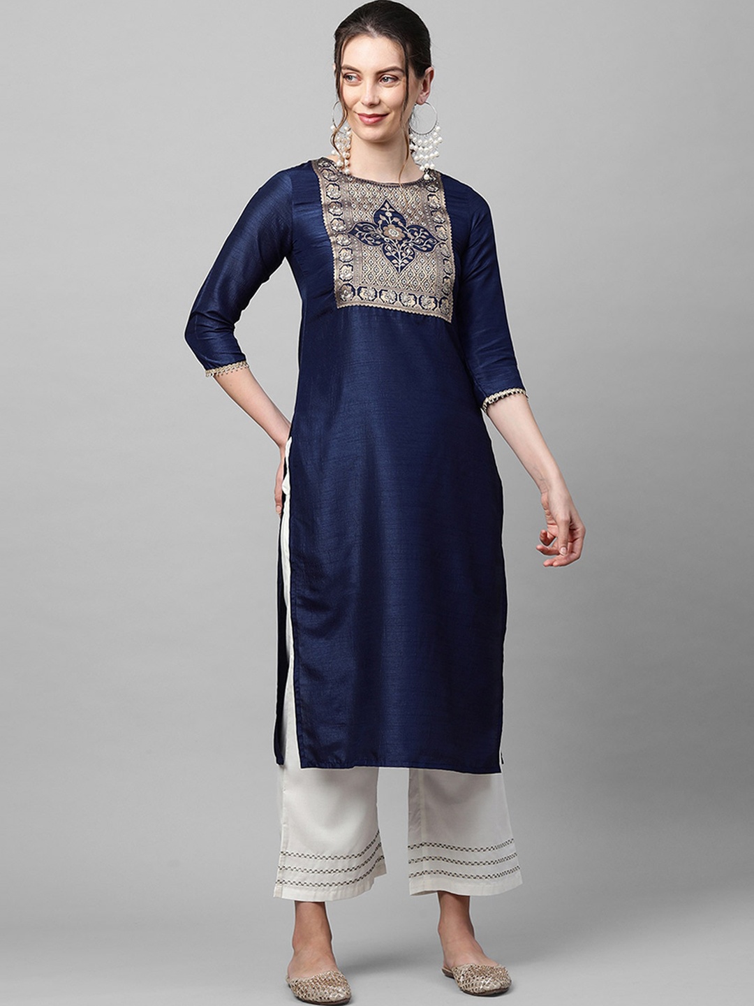

Indo Era Women Navy Blue Ethnic Motifs Yoke Design Straight Kurta