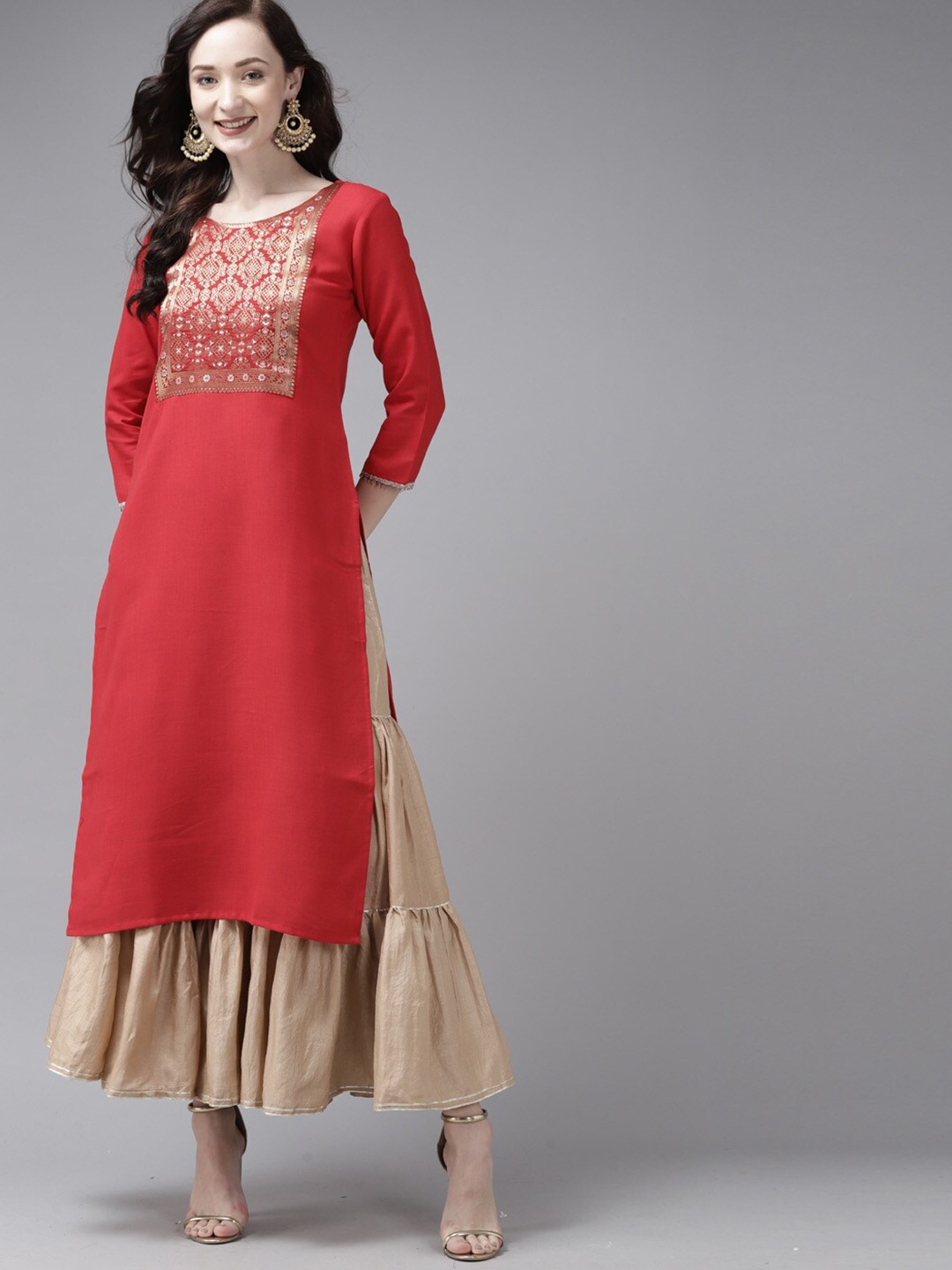 

Indo Era Women Red Ethnic Motifs Yoke Design Kurta
