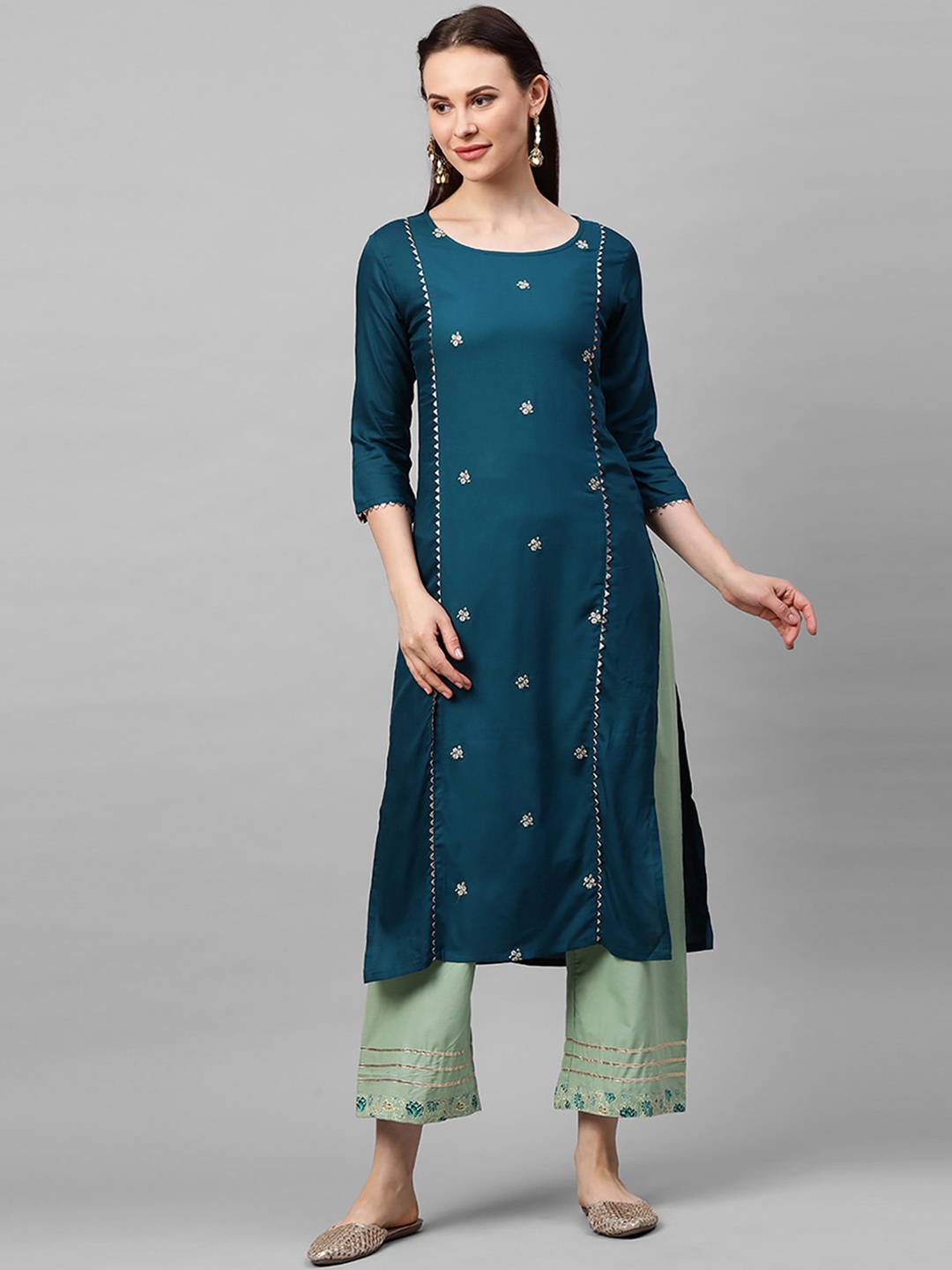 

Indo Era Women Teal Ethnic Motifs Embroidered Kurta
