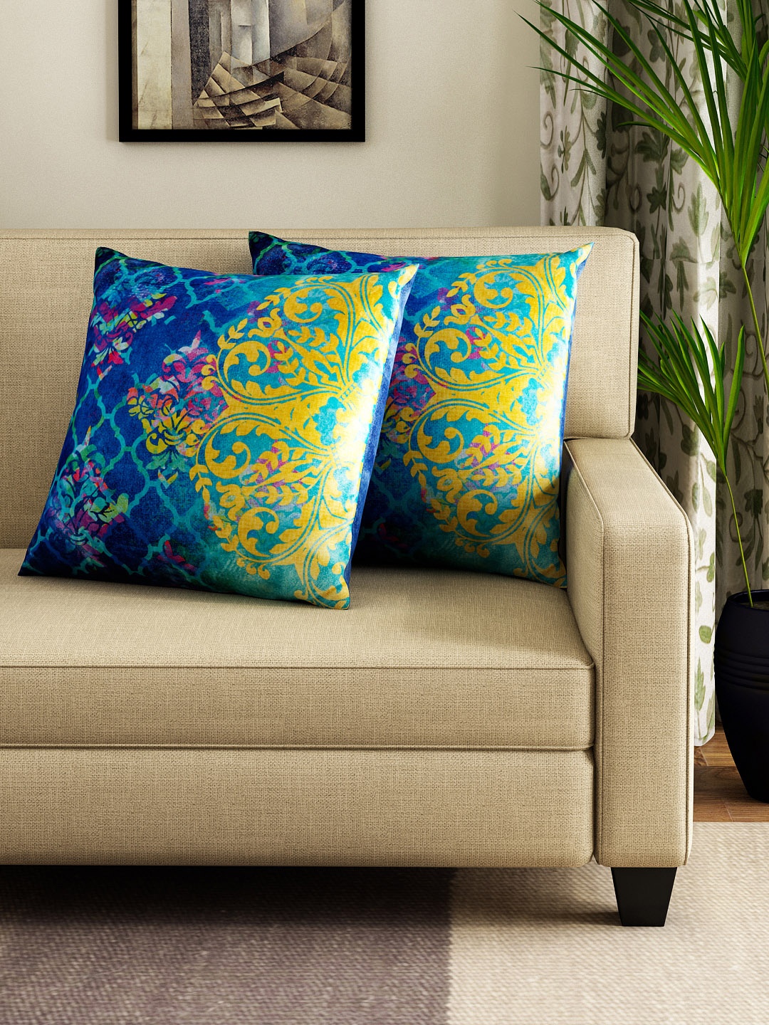 

HOUZZCODE Set of 2 Blue Printed 16" x 16" Square Cushion Covers