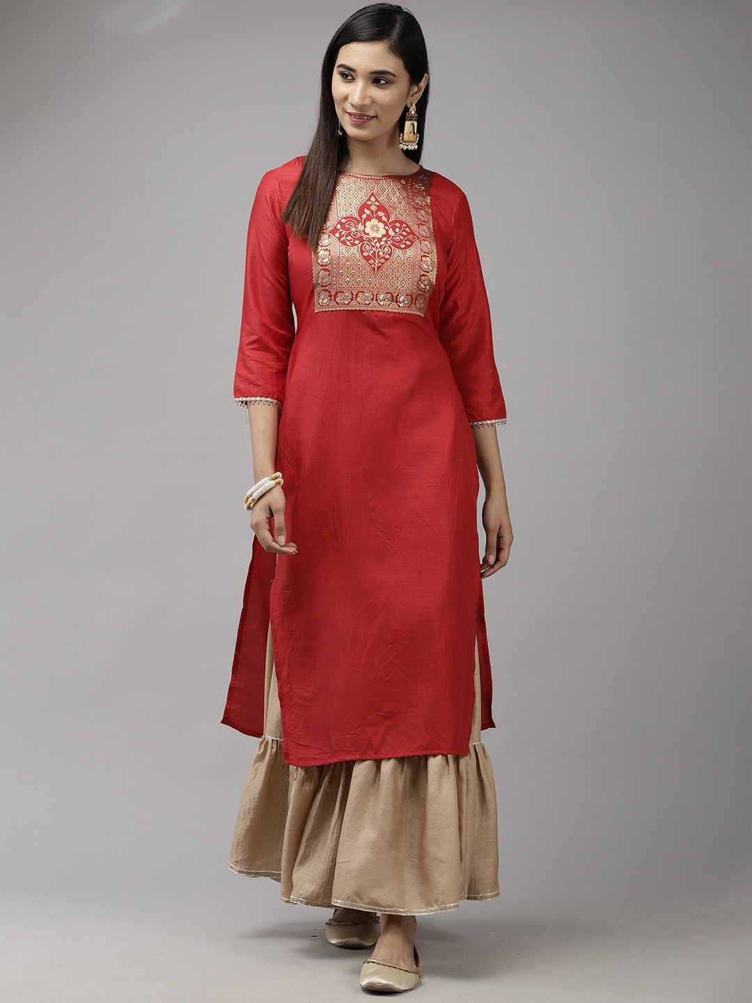 

Indo Era Women Red Yoke Design Kurta