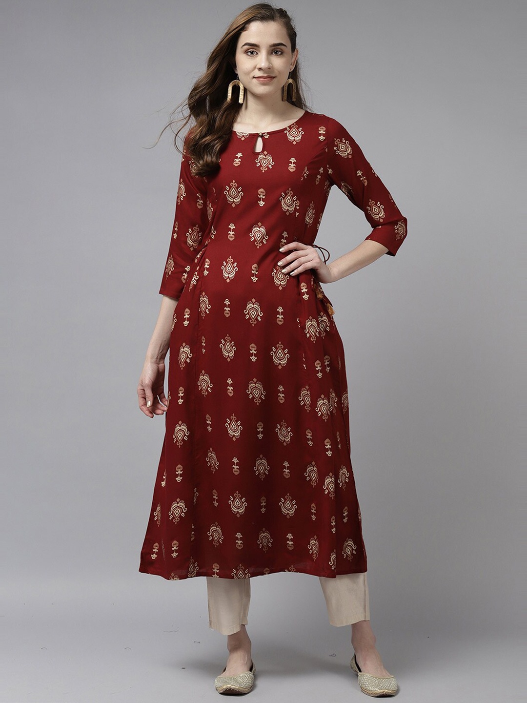 

Indo Era Women Maroon Ethnic Motifs Printed Keyhole Neck Anarkali Kurta