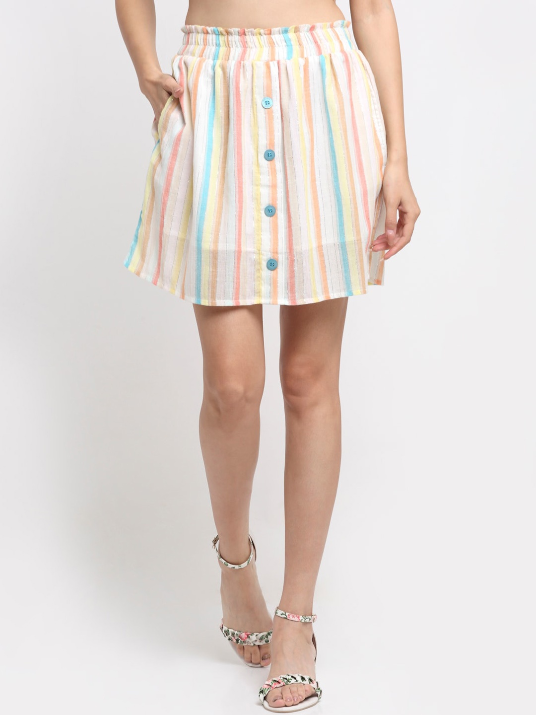 

NEUDIS Women Off-White & Blue Striped Cotton A-Line Skirt