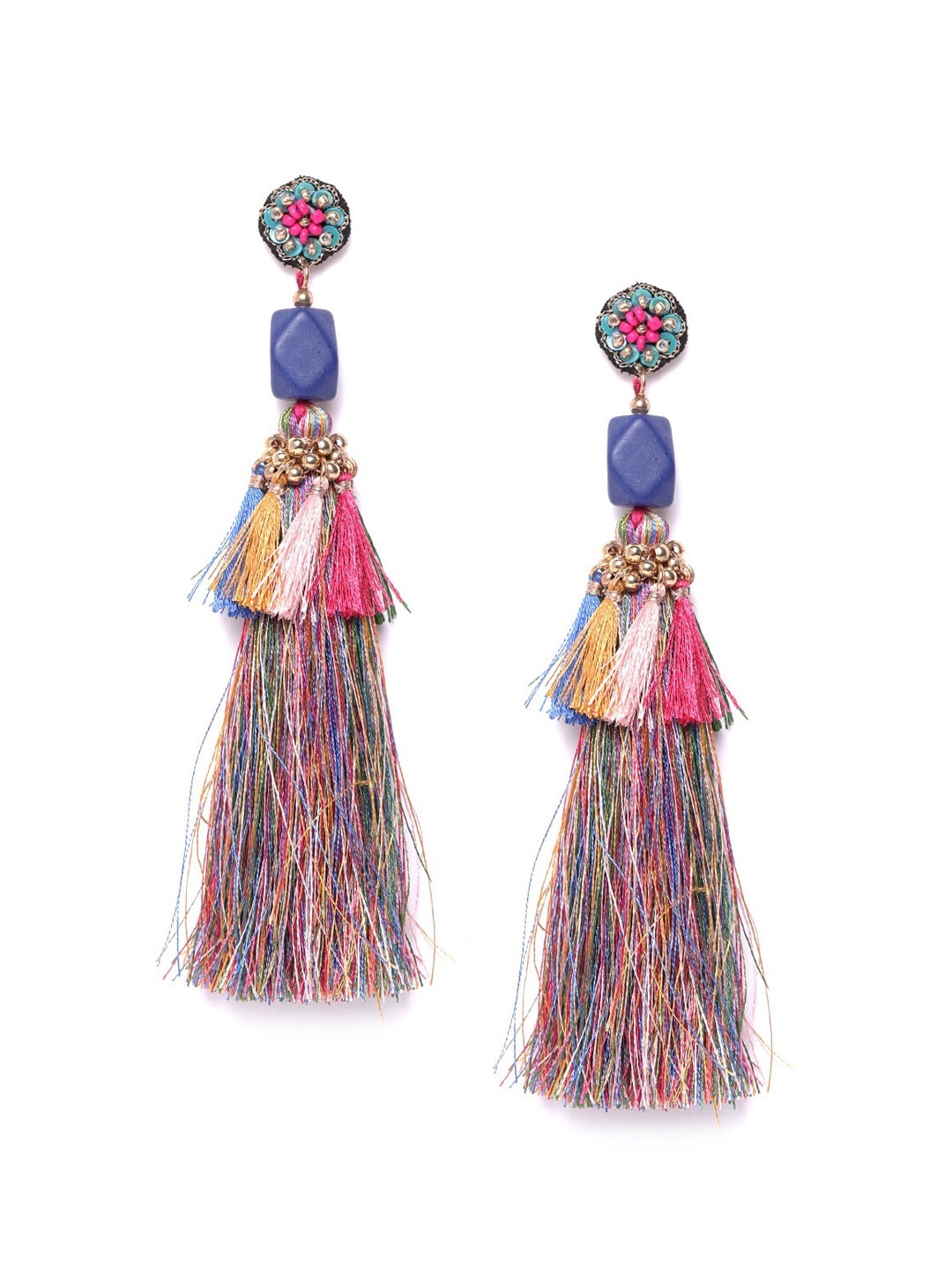 

Sangria Women Navy Blue & Pink Contemporary Tassel Drop Earrings