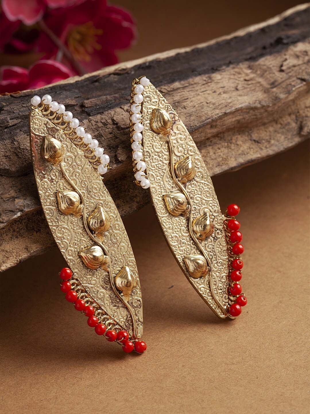 

Sangria Gold-Plated & Red Contemporary Drop Earrings
