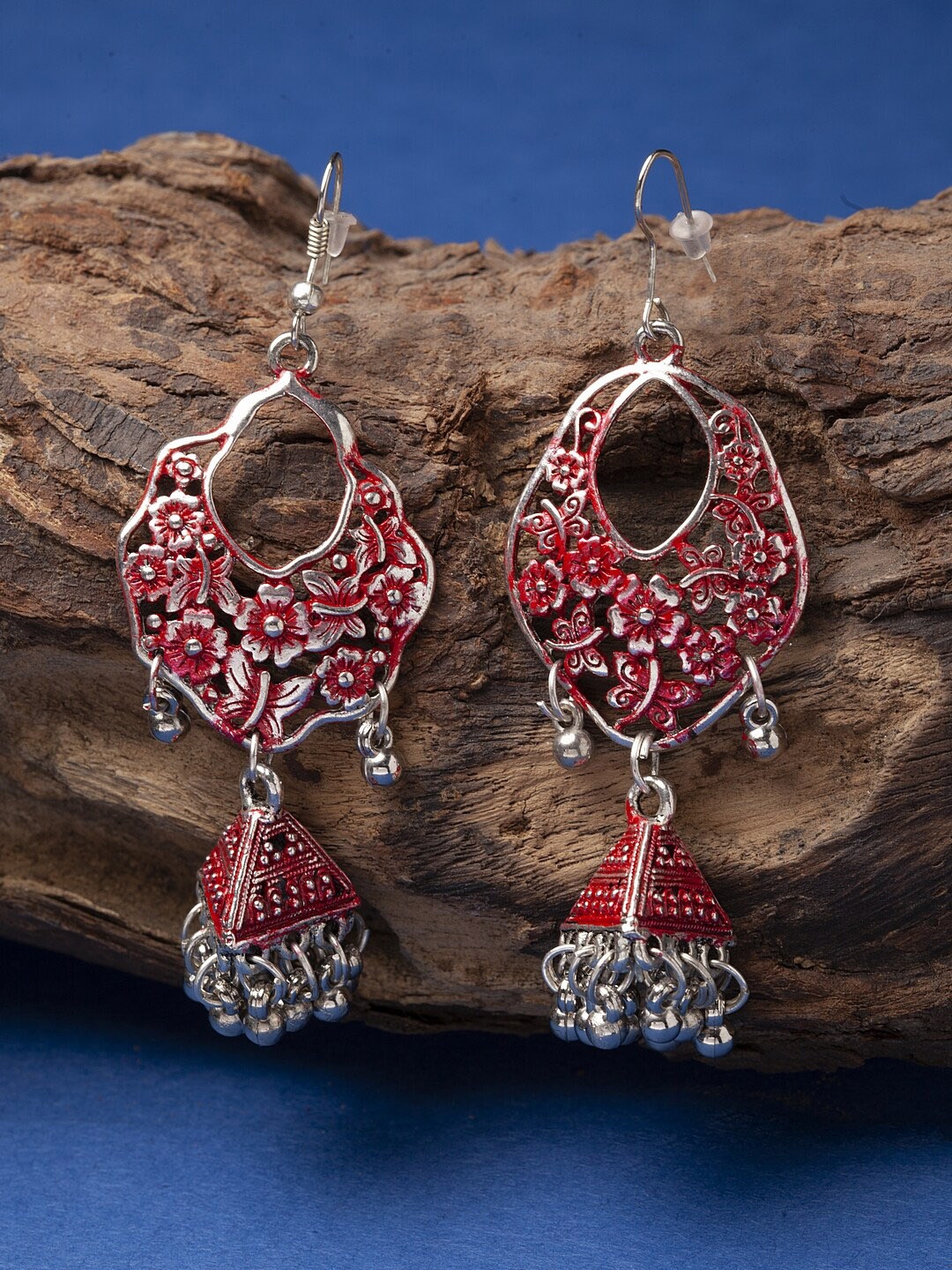 

Sangria Silver-Toned & Red Contemporary Jhumkas Earrings