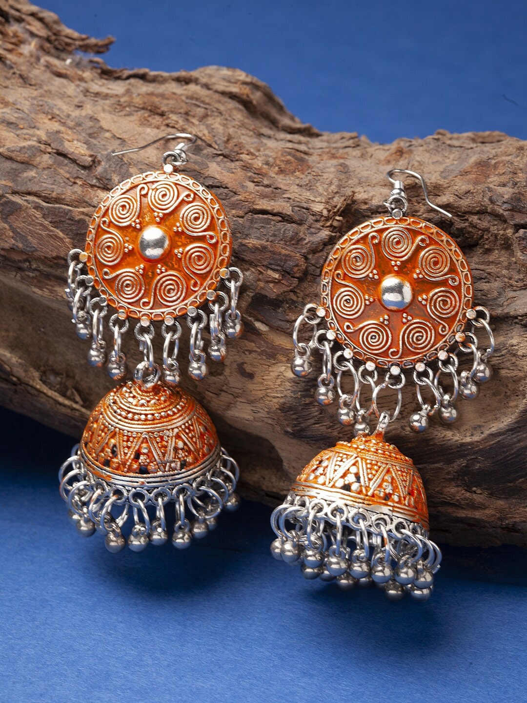 

Sangria Silver-Plated & Orange Dome Shaped Jhumkas Earrings