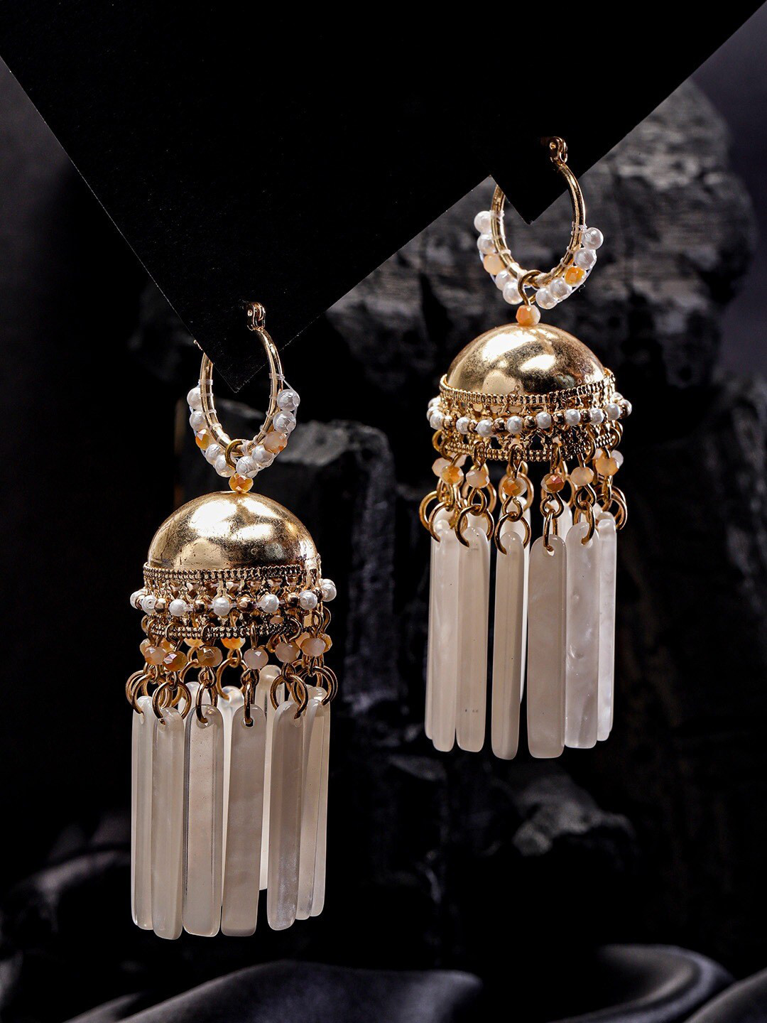 

Sangria Gold-Plated White Acrylic Stone Studded Jhumkas