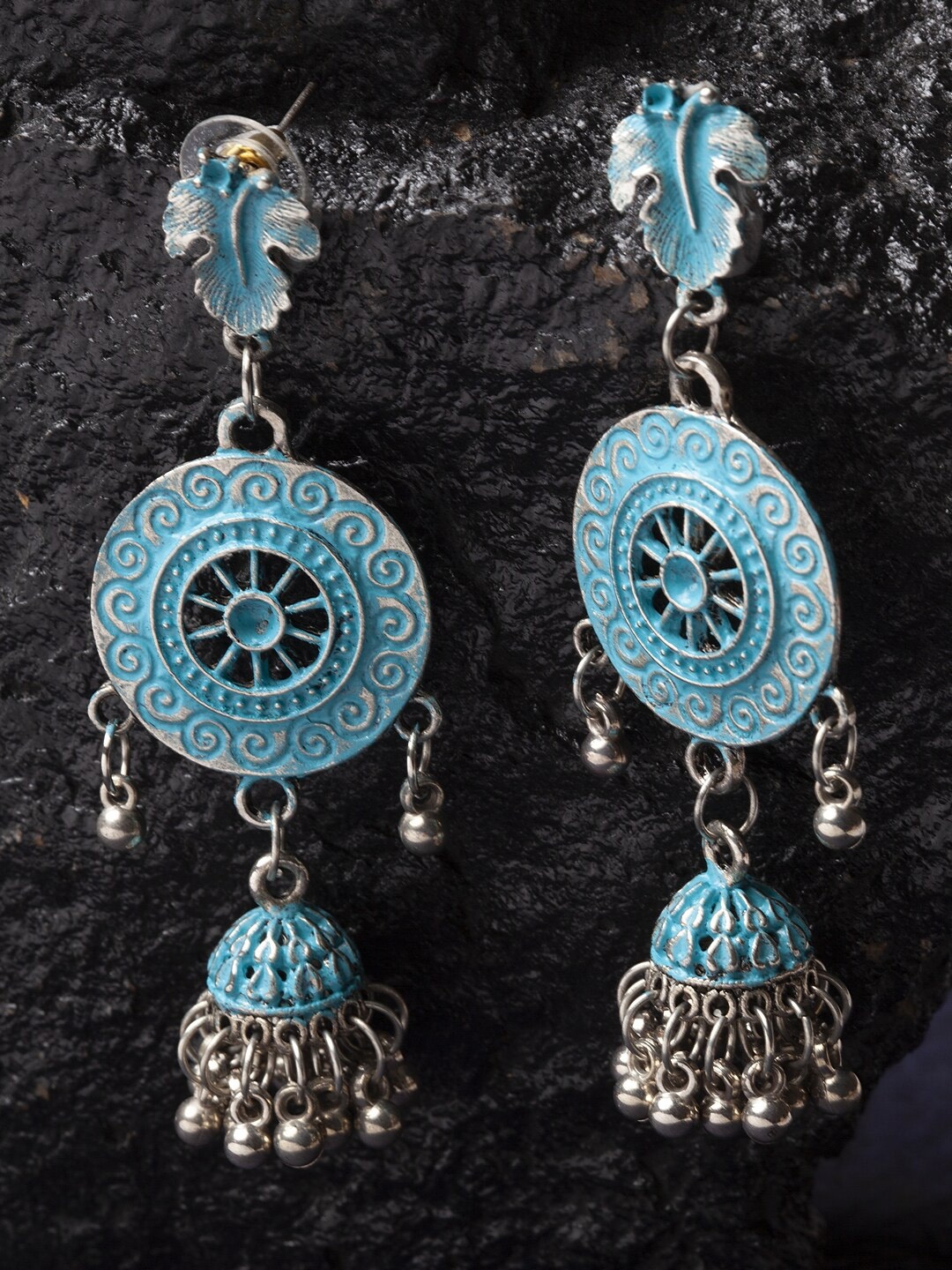 

Sangria Silver-Plated & Blue Beaded Hand Painted Jhumka Earrings