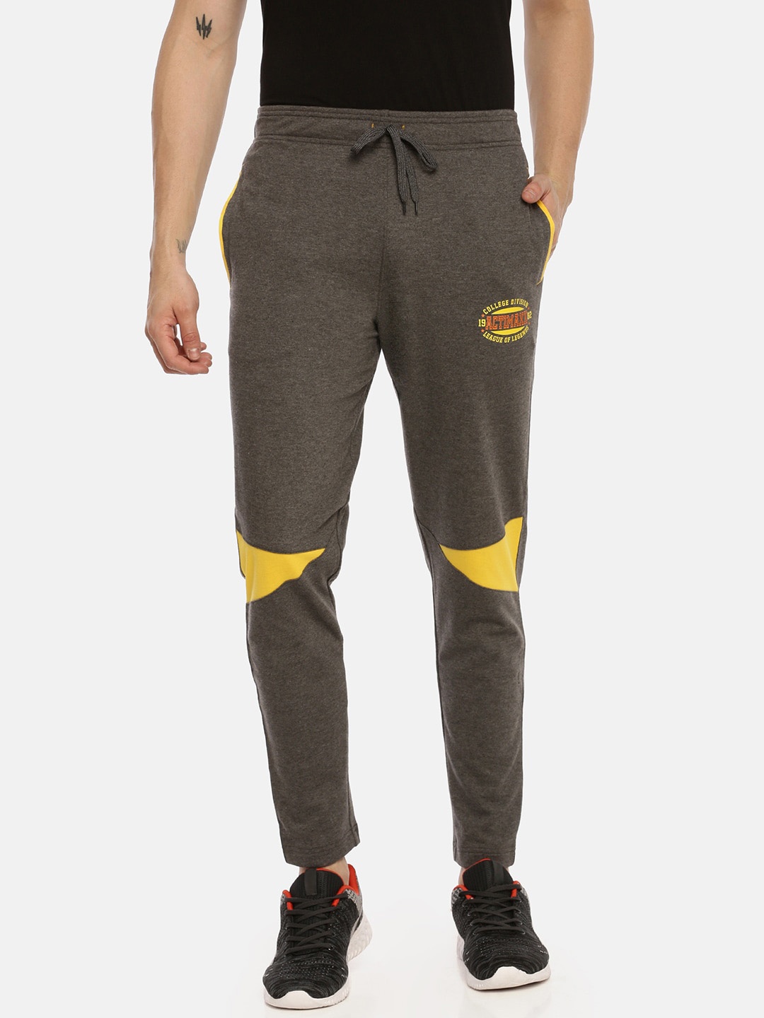 

ACTIMAXX Men Charcoal Melange & Yellow Brand Logo Printed Slim Fit Track Pants