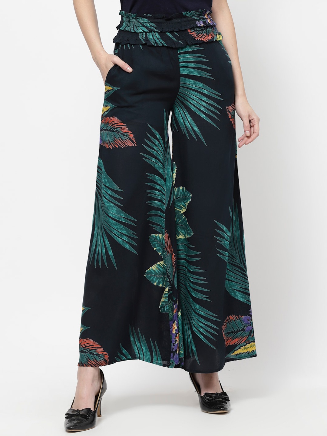 

FLAWLESS Women Black Tropical Printed Flared High-Rise Trouser