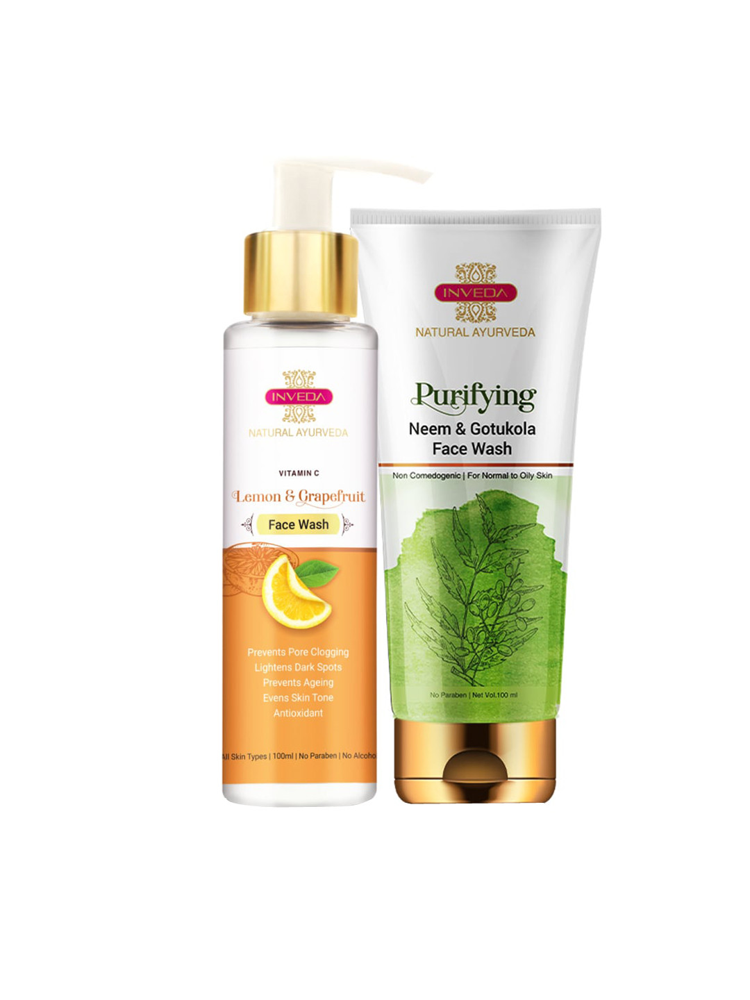 

Inveda Unisex Pack of 2 Lemon Grapefruit & Purifying Neem Gotukola Face Washes 200ml, White