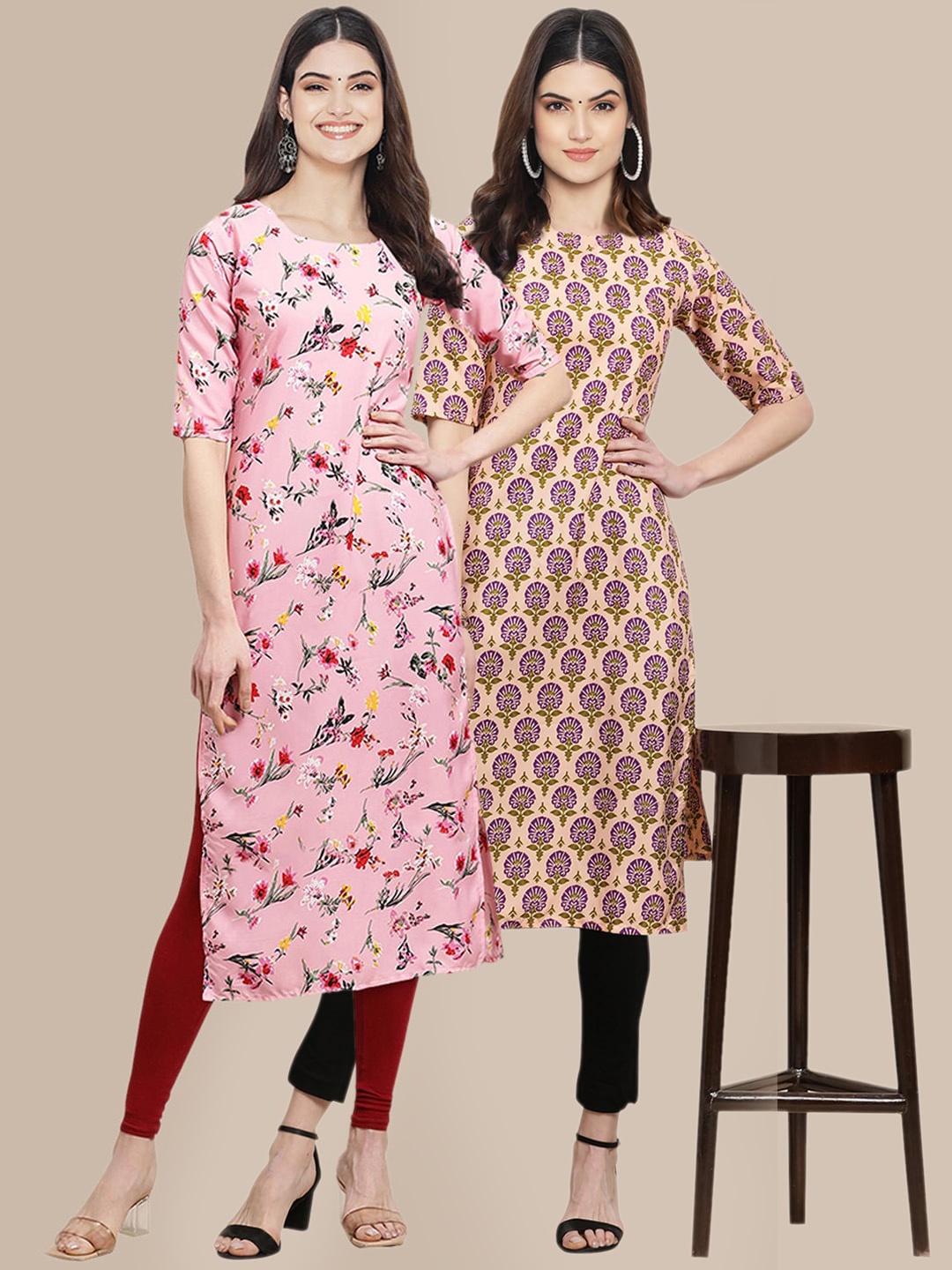 

7Threads Women Pack Of 2 Pink & Peach-Coloured Printed Block Print Handloom Crepe Kurtas