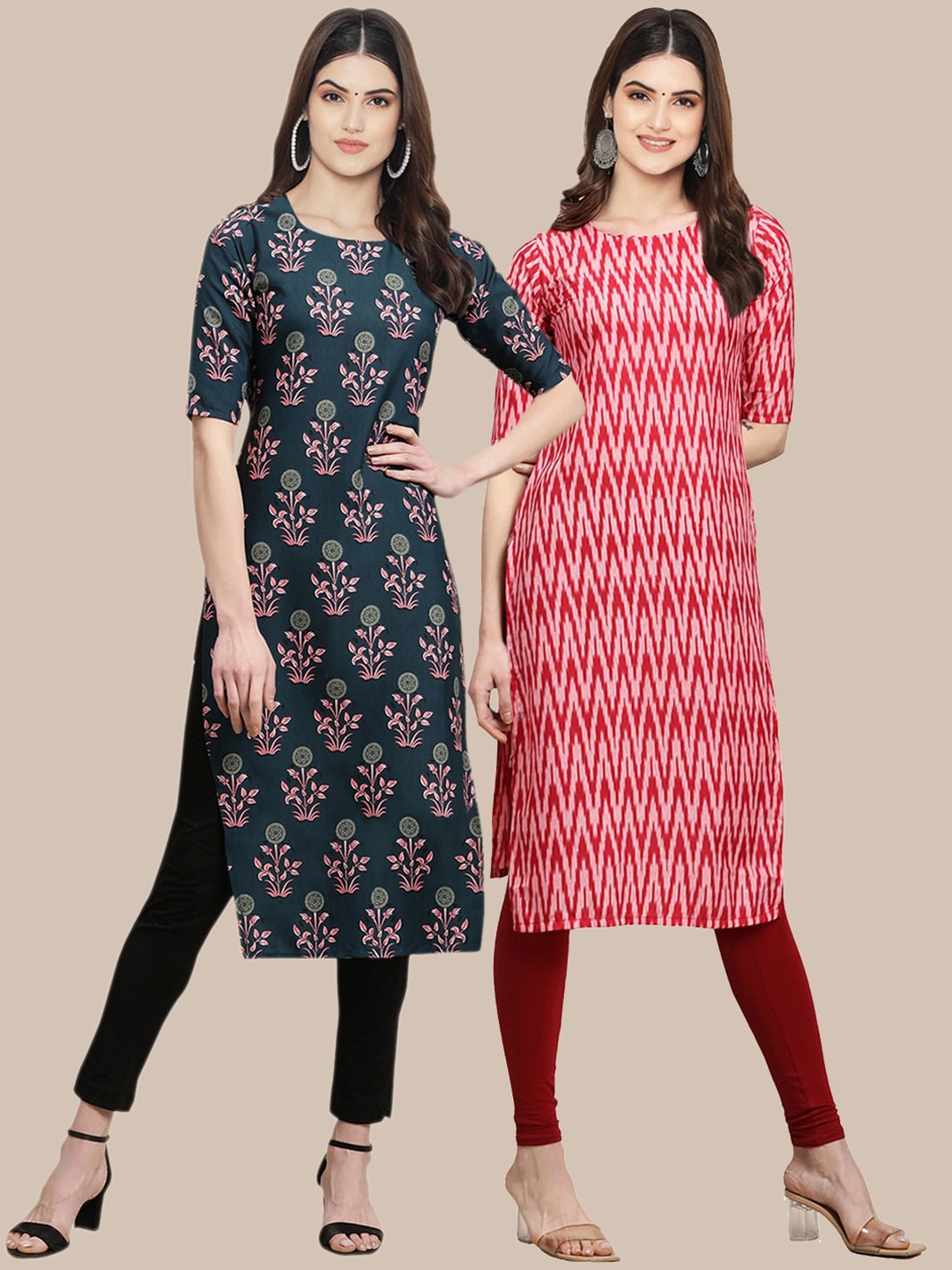 

7Threads Women Set of 2 Block Print Handloom Crepe Kurta, Teal