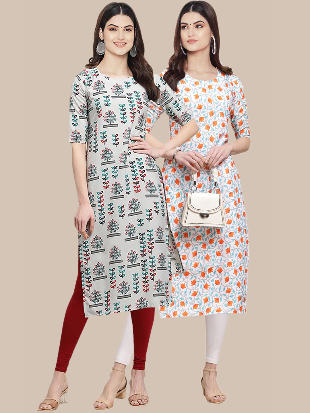 

7Threads Women Pack Of 2 Blue & White Floral Printed Block Print Crepe Kurta