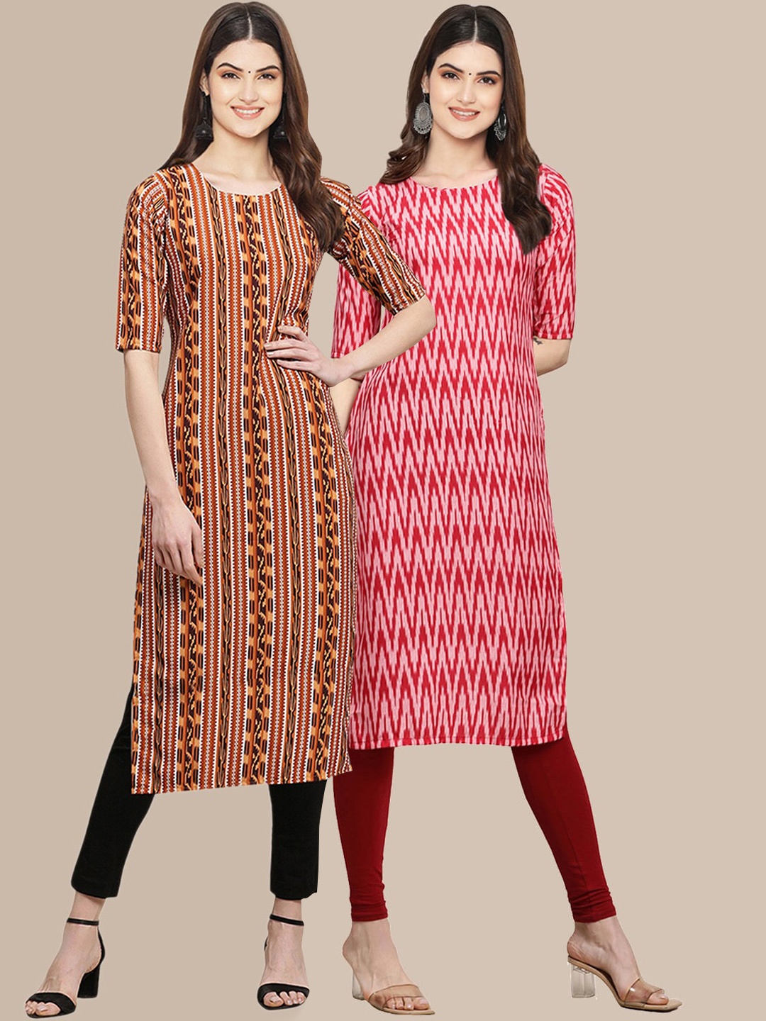

7Threads PACK OF 2 Women Ethnic Motifs Printed Block Print Handloom Crepe Kurta, Maroon