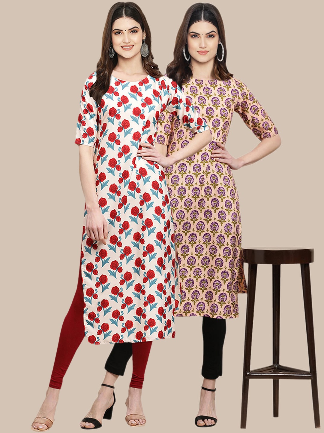 

7Threads Women Pack Of 2 White & Pink Floral Printed Crepe Kurta
