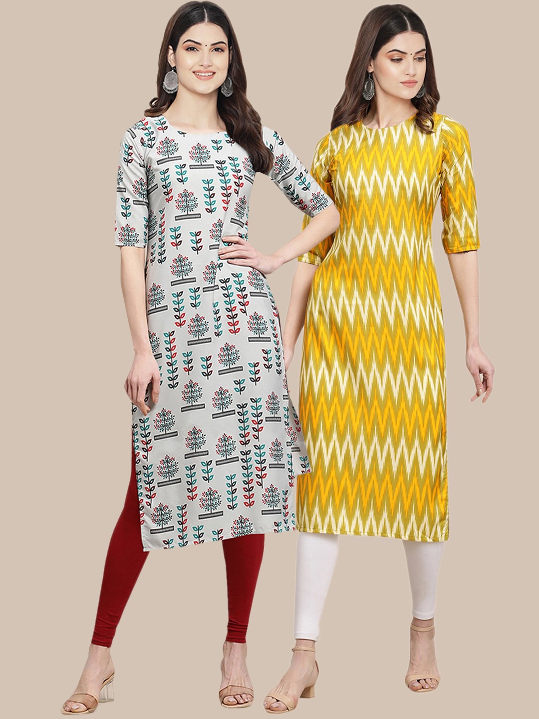 

7Threads Women Pack Of 2 Blue & Yellow Chevron Printed Block Print Crepe Kurta