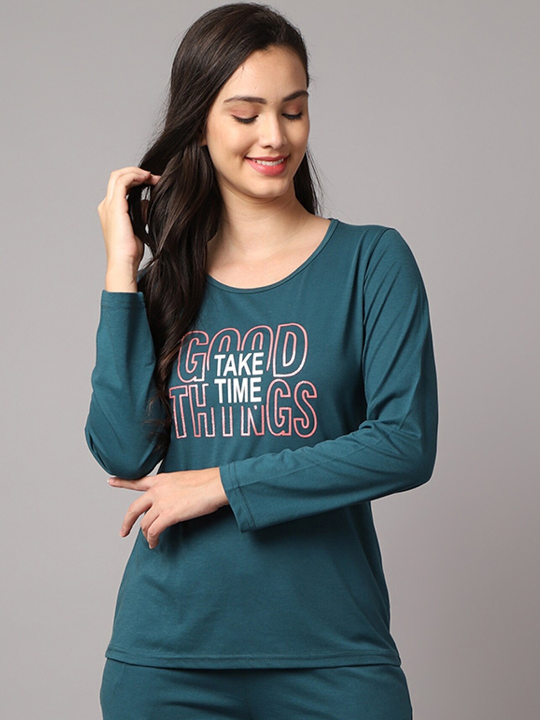 

Kanvin Women Teal Printed Lounge Tshirts