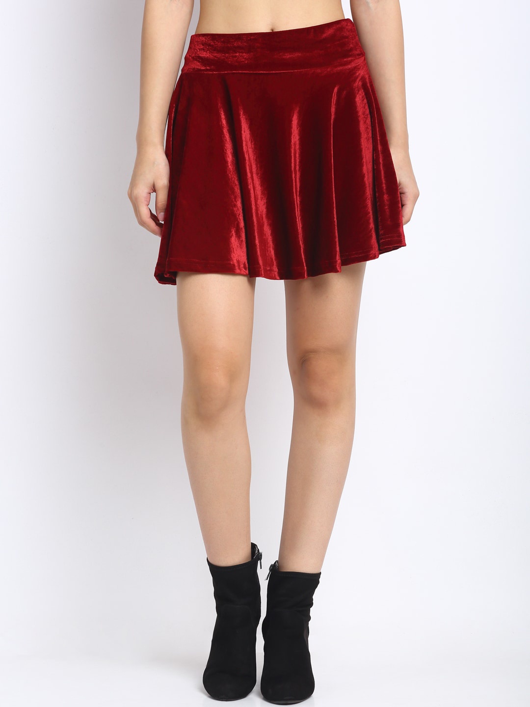 

NEUDIS Women Burgundy Solid Flared Mini Skater Skirts