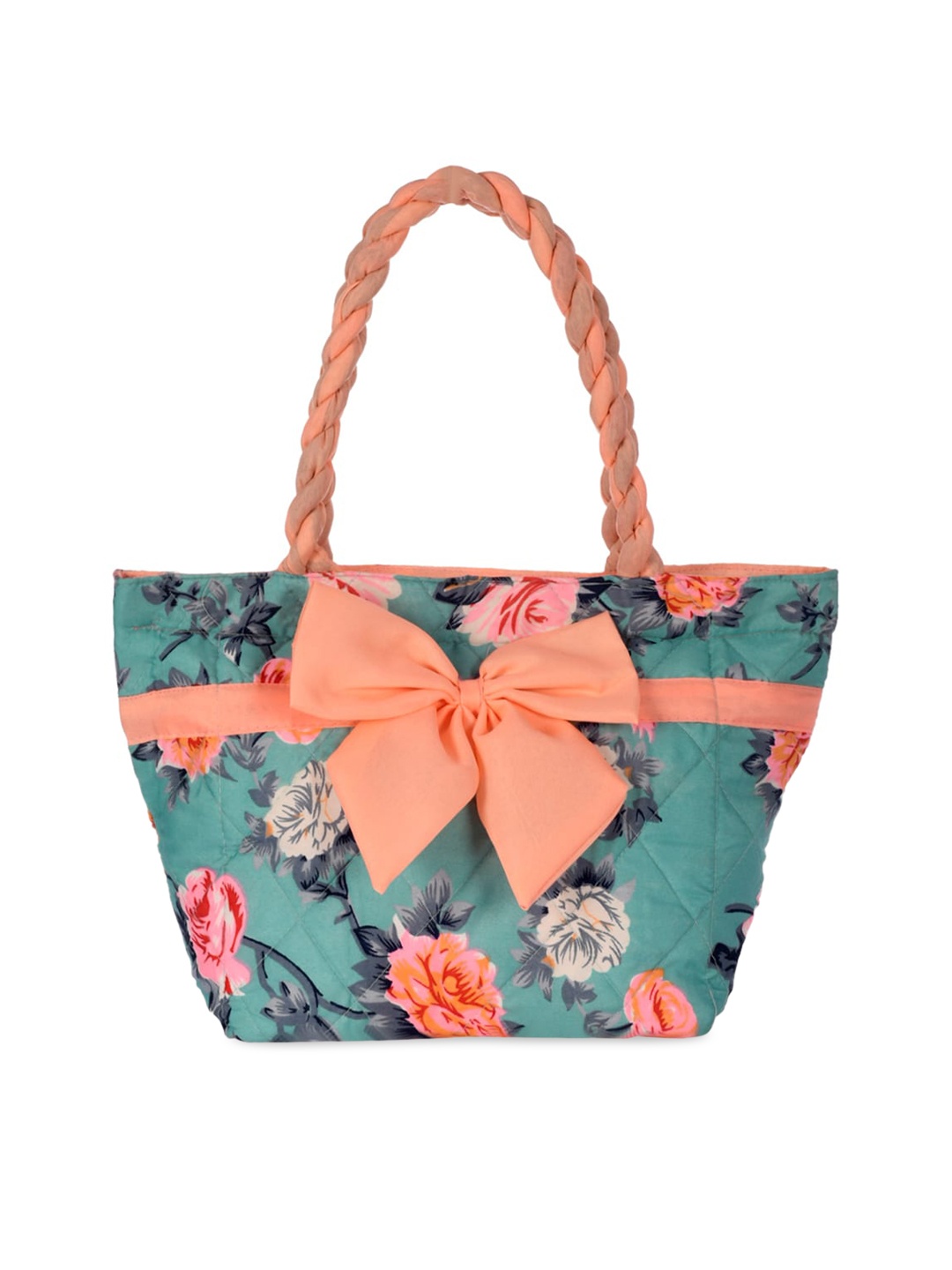 Kuber Industries Green Floral Printed Shopper Shoulder Bag with Bow Detail
