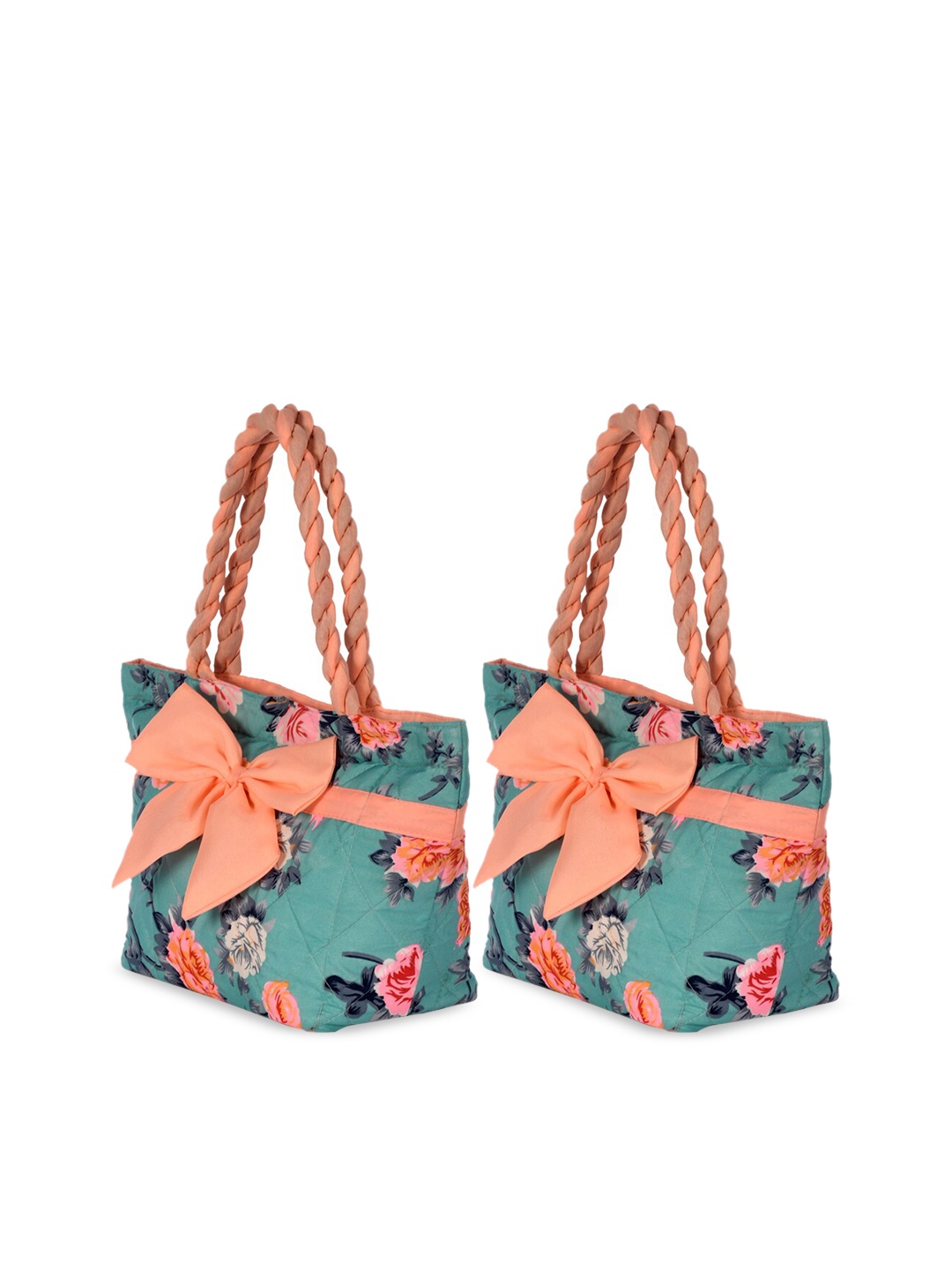 

Kuber Industries Pack Of 2 Green Floral Shopper Shoulder Bag with Bow Detail