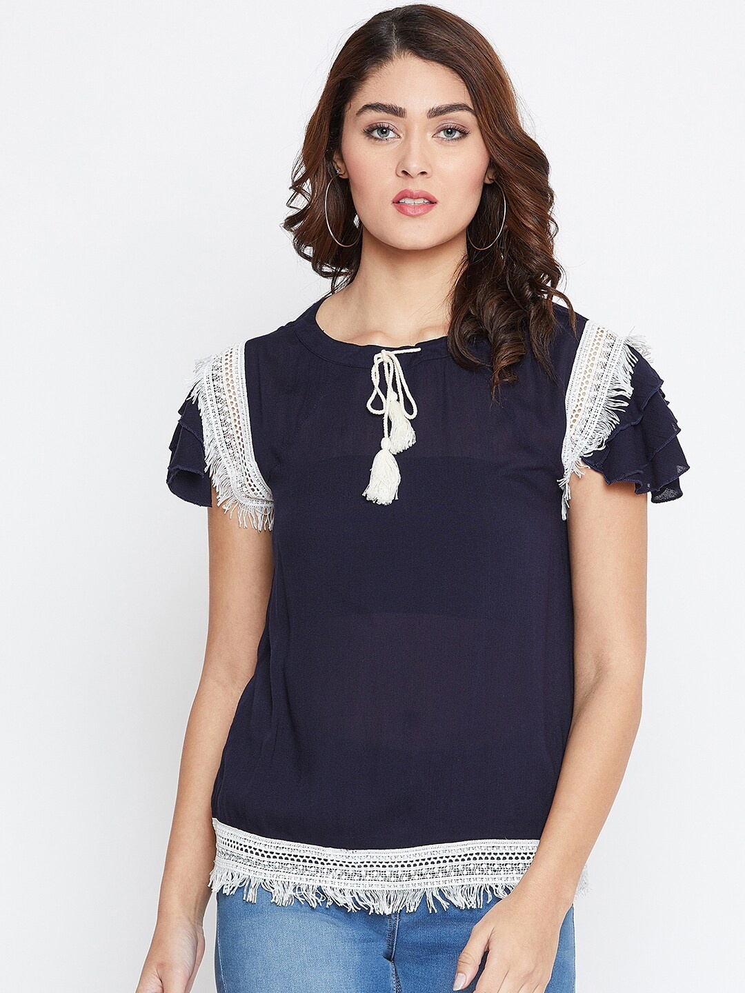 

La Zoire Women Navy Blue Tie-Up Neck Solid Crepe Top