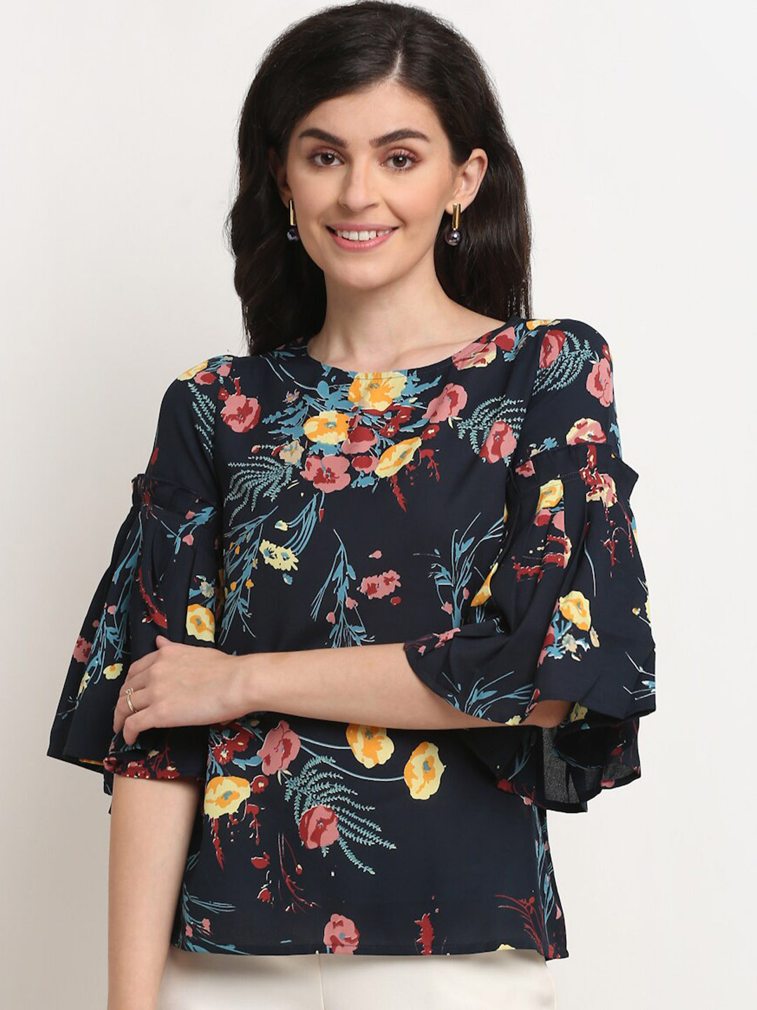

La Zoire Women Navy Blue Floral Print Round Neck Georgette Top