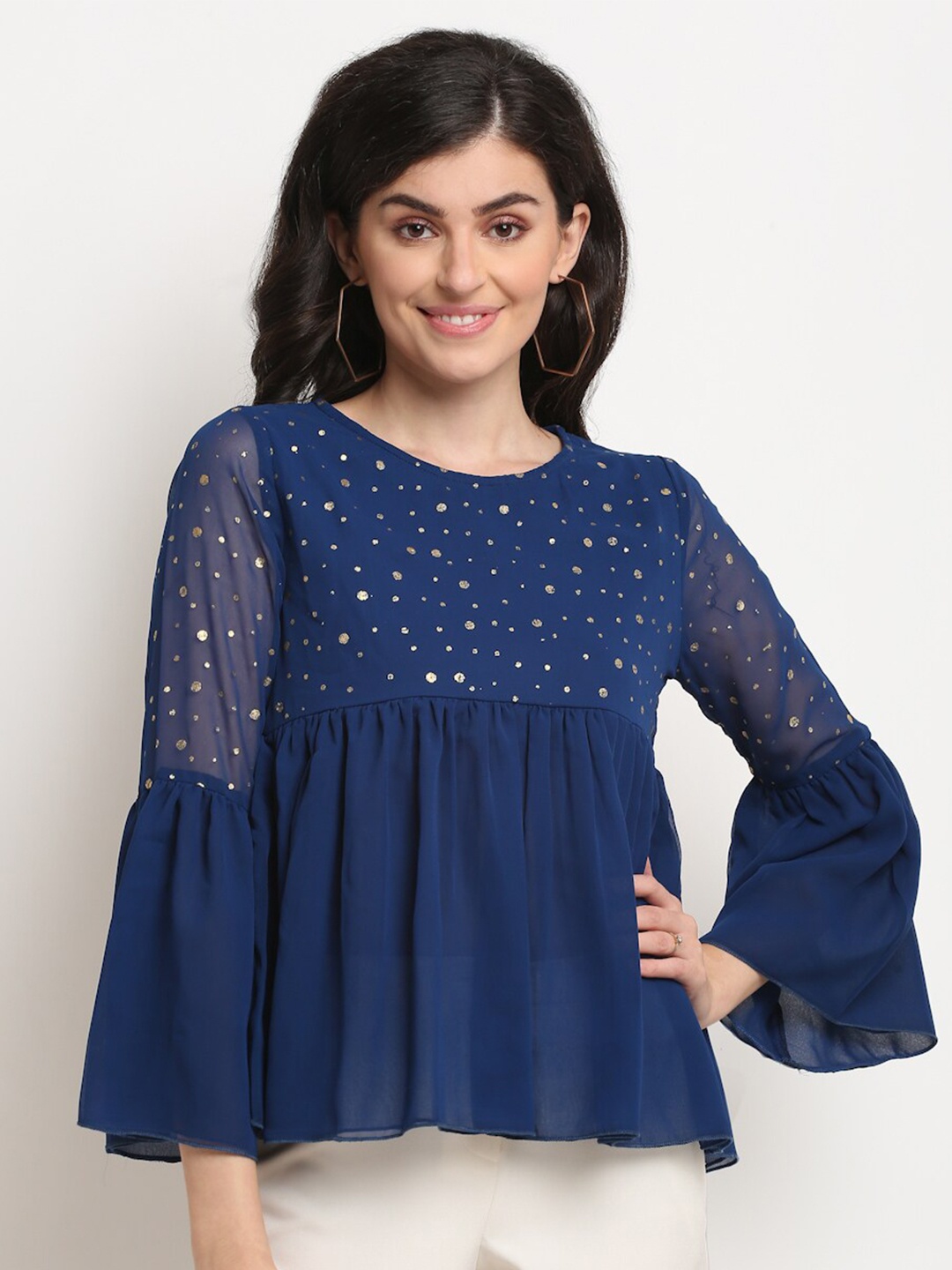 

La Zoire Navy Blue Foil Print Georgette Empire Top