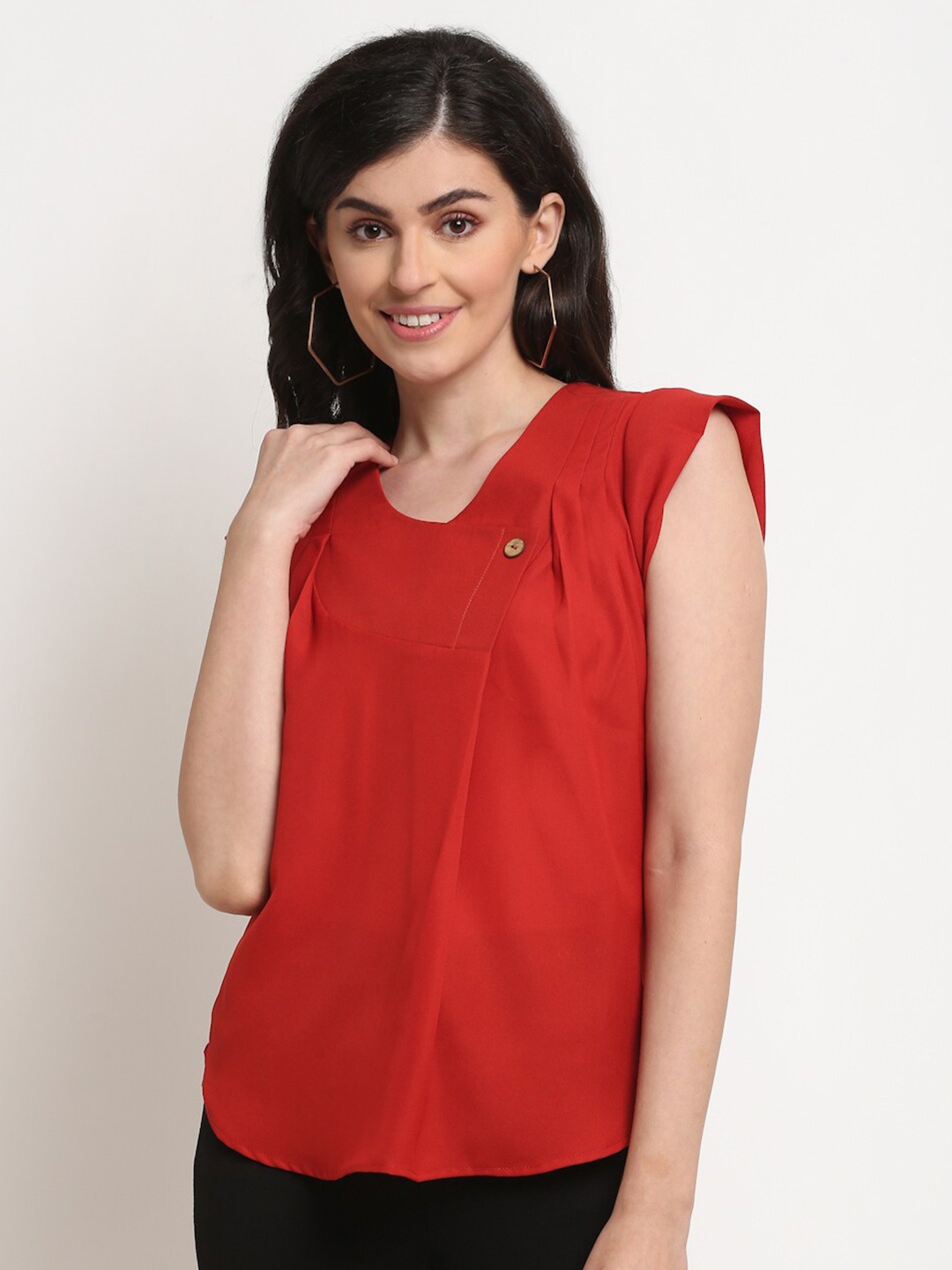 

La Zoire Women Rust Solid Polyester Cap Sleeves Top