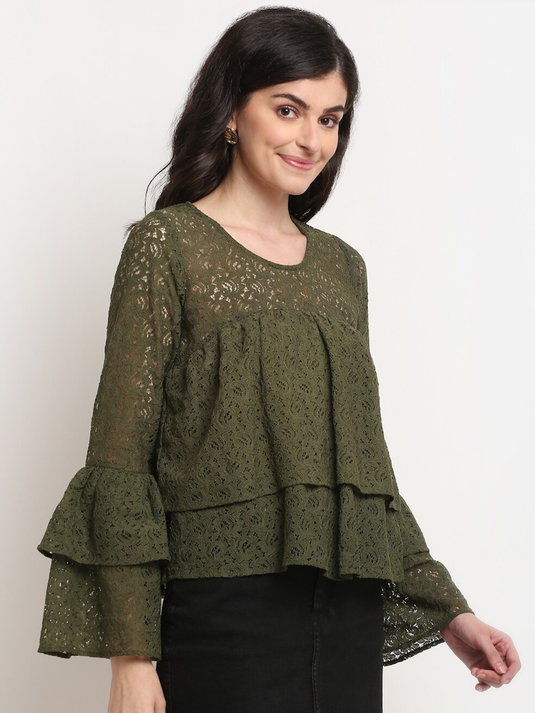 

La Zoire Olive Green Checked Lace Tiered Top