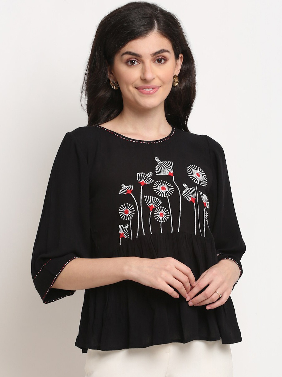

La Zoire Black Floral Embroidered Crepe Top