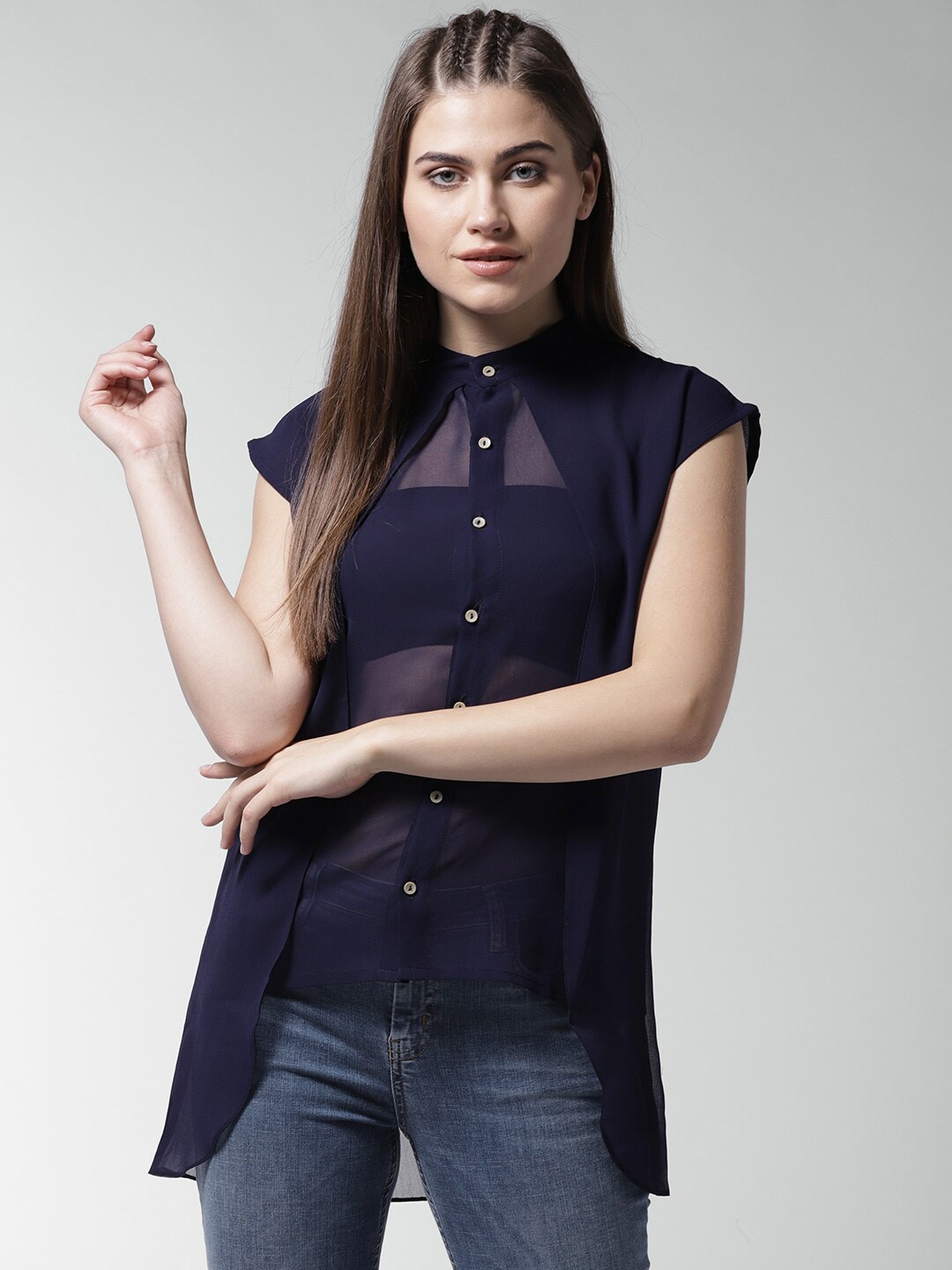 

La Zoire Navy Blue Georgette Shirt Style Longline Top