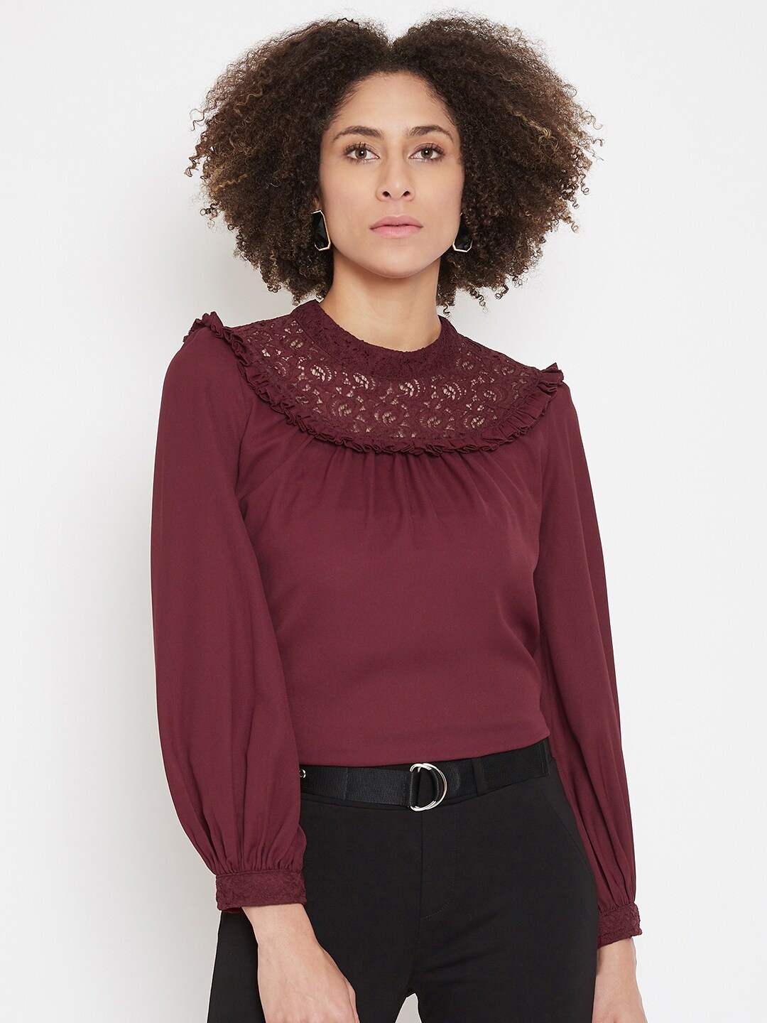 

La Zoire Maroon Georgette Top With Lace Detailing