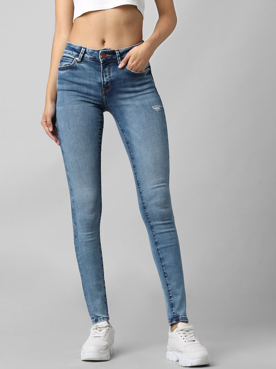 

ONLY Women Blue Skinny Fit Low Distress Heavy Fade Jeans