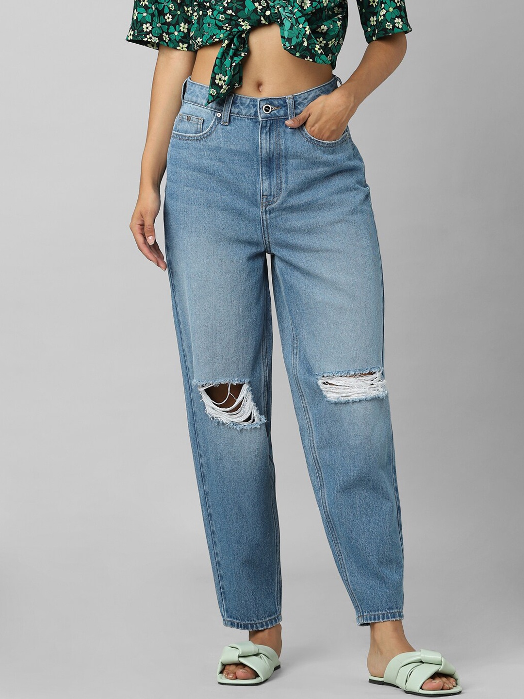 

ONLY Women Blue Relaxed Fit High-Rise Highly Distressed Light Fade Jeans