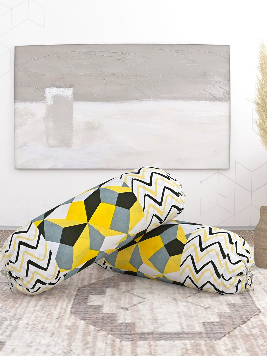 

Salona Bichona Set Of 2 Yellow Printed Bolster Covers