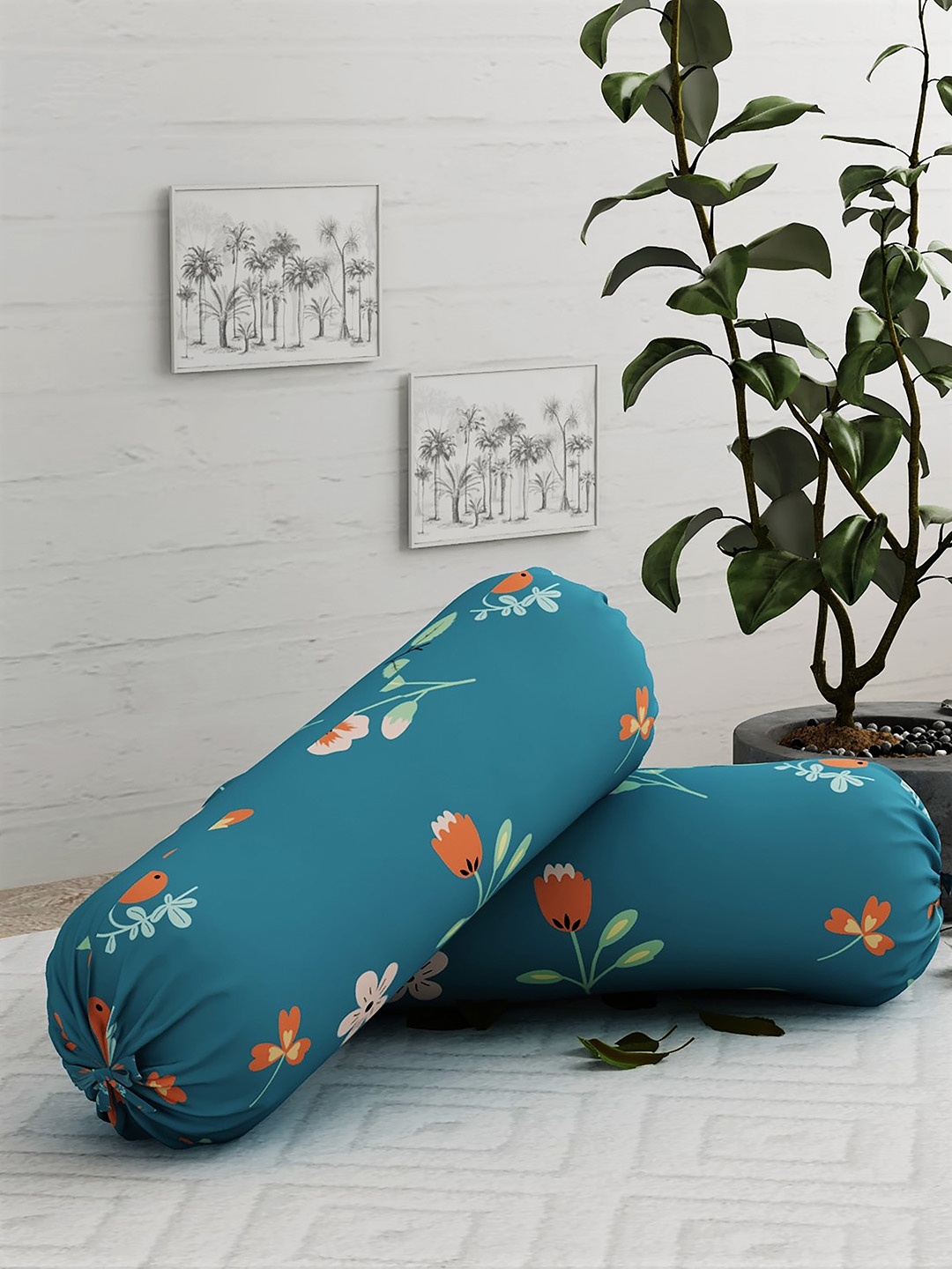 

Salona Bichona Turquoise Set Of 2 Blue Printed Bolster Covers, Turquoise blue