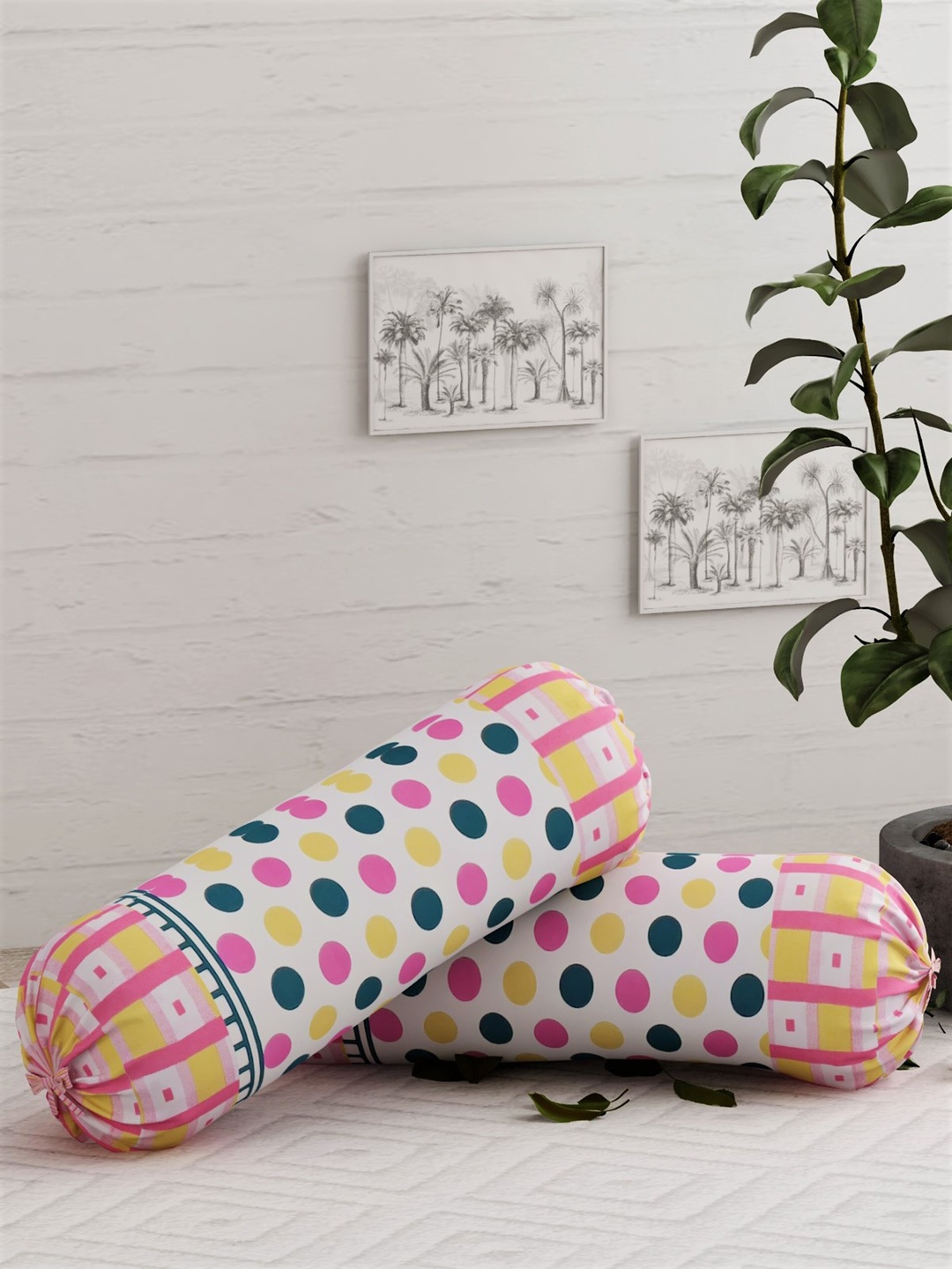 

Salona Bichona Set of 2 Pink & White Printed 104 TC 100% Cotton Bolster Covers