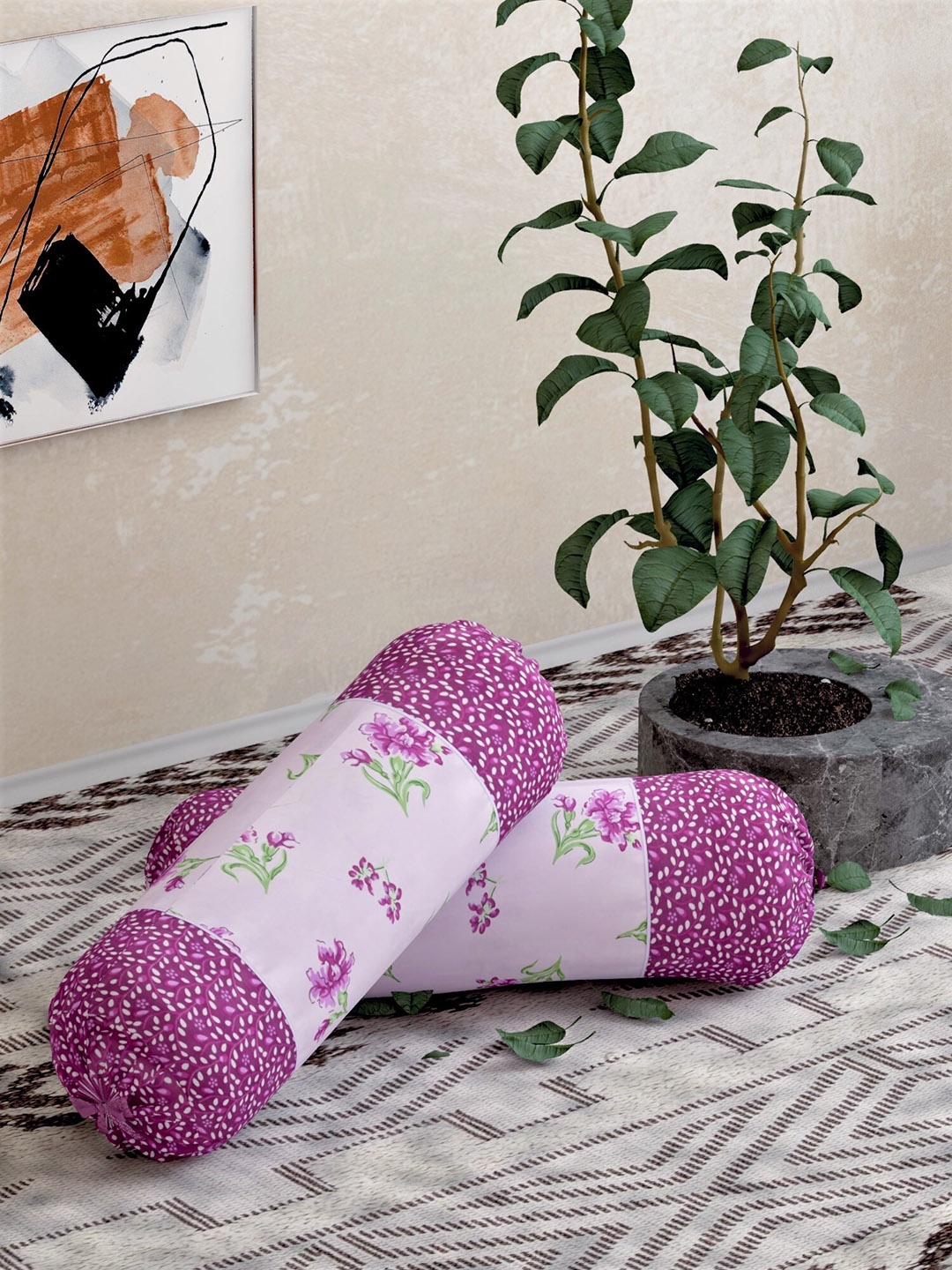 

Salona Bichona Set Of 2 Purple Printed Cotton Bolster Covers