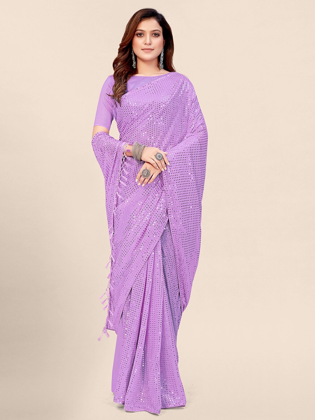 

Pratham Blue Mauve Embellished Sequinned Pure Georgette Saree