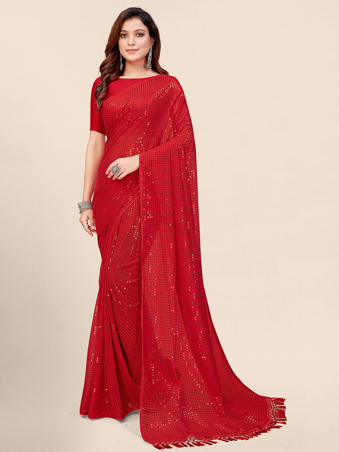 

Pratham Blue Red Embellished Sequinned Pure Georgette Saree