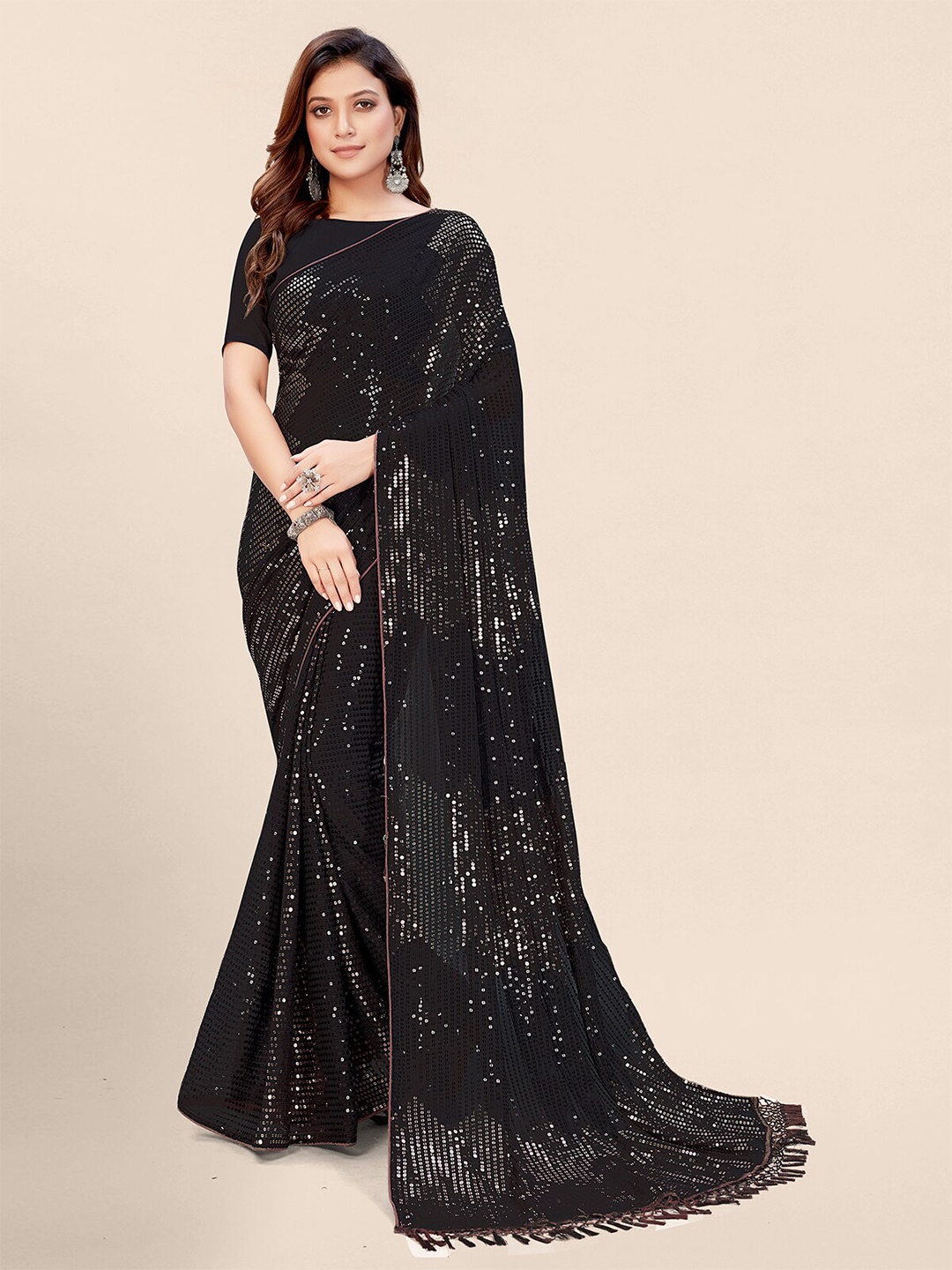 

Pratham Blue Black Embellished Sequinned Pure Georgette Saree